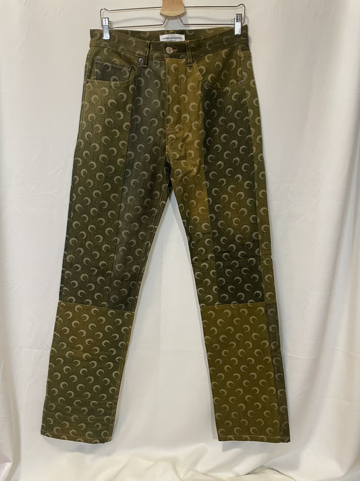 image of Marine Serre Fw20 Mind Melange Motor Regenerated Denim Jeans in Yellow, Men's (Size 32)