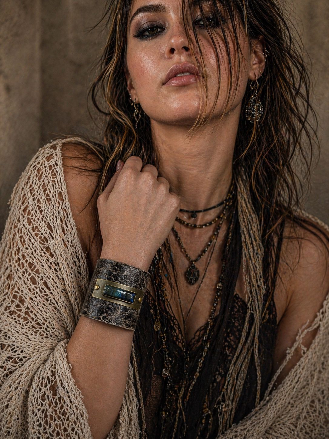 Other Wide Leather Cuff Labradorite Stone Brass Rivets Boho Size ONE SIZE - 2 Thumbnail