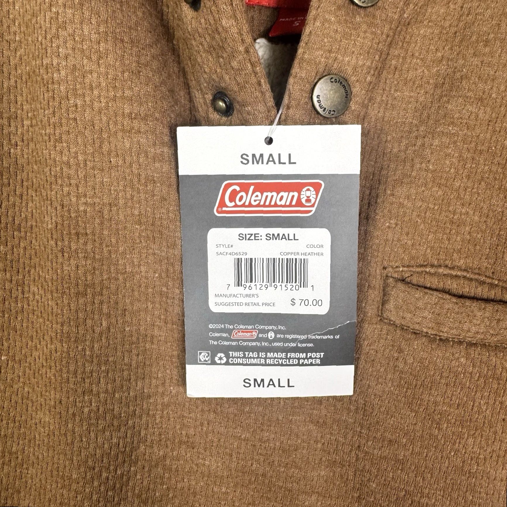 Vintage Coleman Lined Henley Shirt Bonded Waffle Sherpa 1/4 Snap Copper Heather Mens S Size US S / EU 44-46 / 1 - 4 Thumbnail