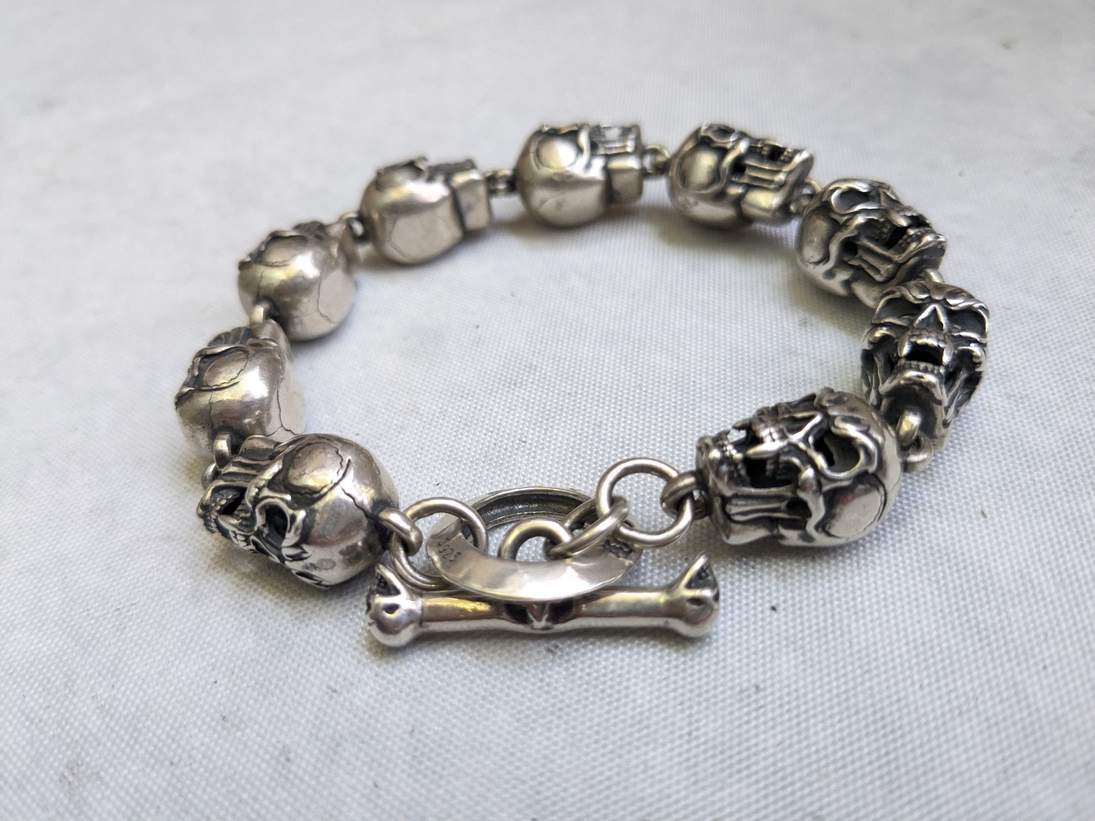 Jewelry Sterling Silver Skull Bracelet 6.75" Biker Punk Skeleton Size ONE SIZE - 7 Thumbnail