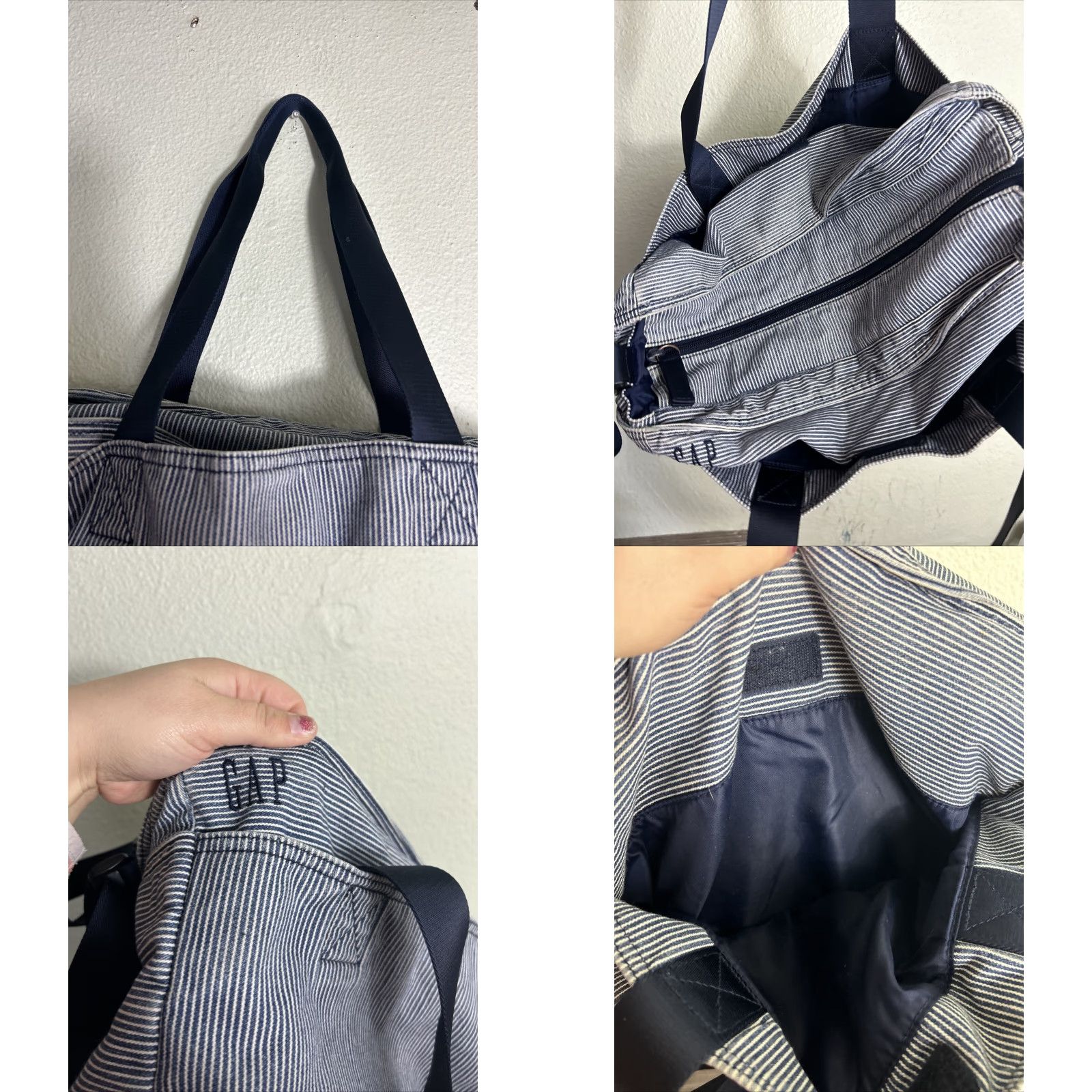 Gap VINTAGE GAP Crossbody Bag Denim White Blue Striped 16x16x6 Canvas Cotton Women Indistinct Railroad? Size ONE SIZE - 10 Thumbnail