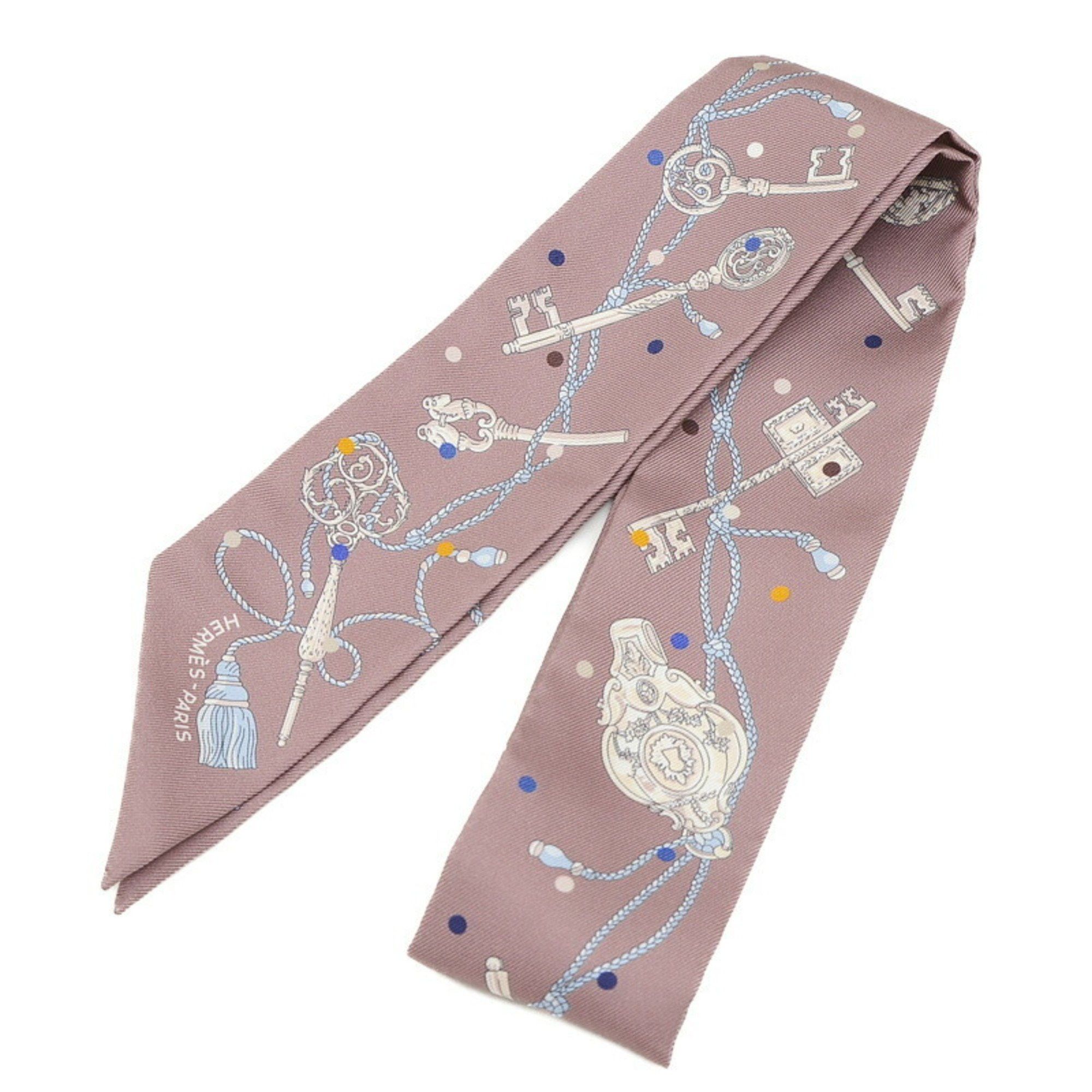 image of Hermes Twilly Muffler/scarf Les Cles A Pois Marron Glace Grease 100% Silk, Women's