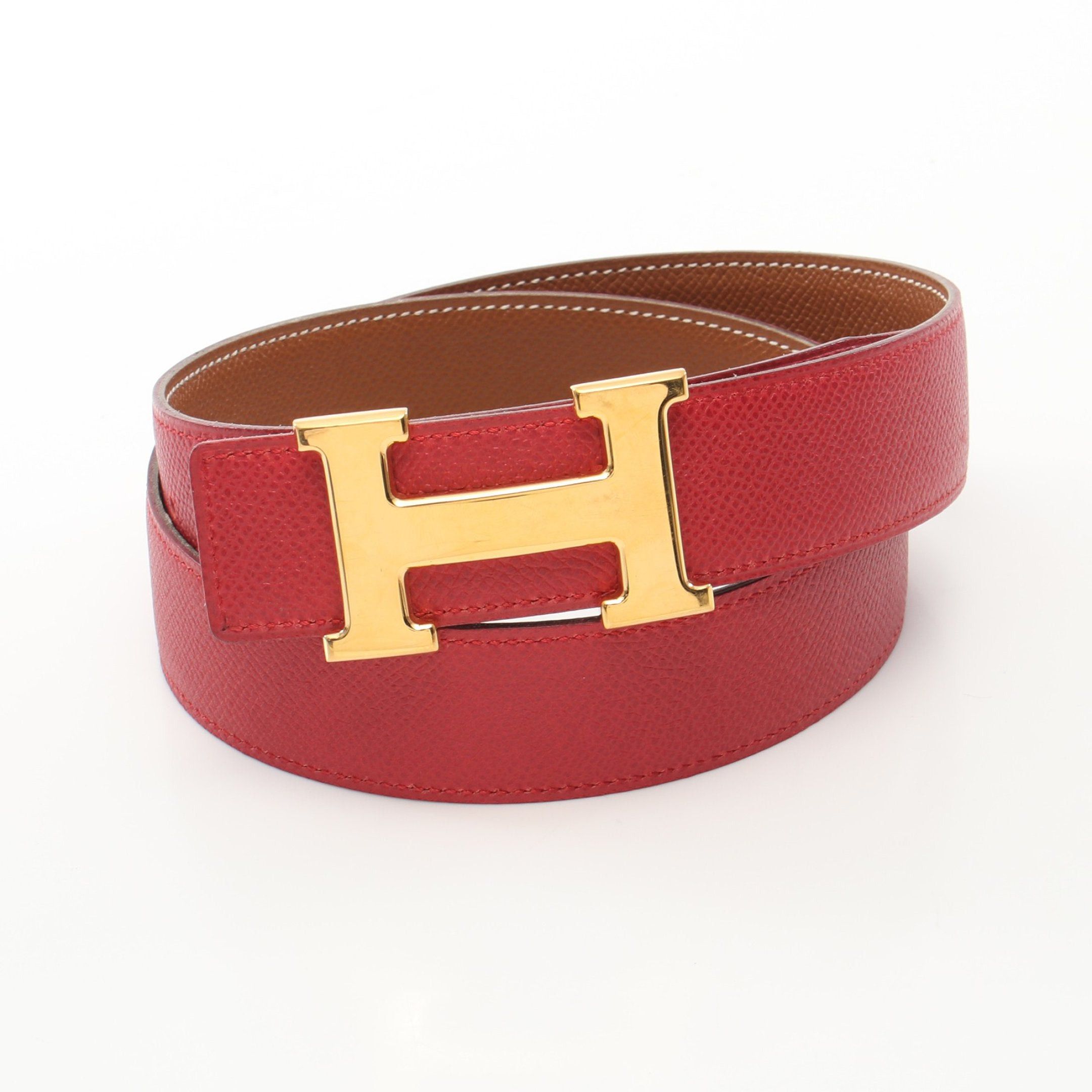 image of Hermes Constance H-Belt Gold Rougewif Belt Courchevel Light Brown Red Gold Hardware Reversible □ A 