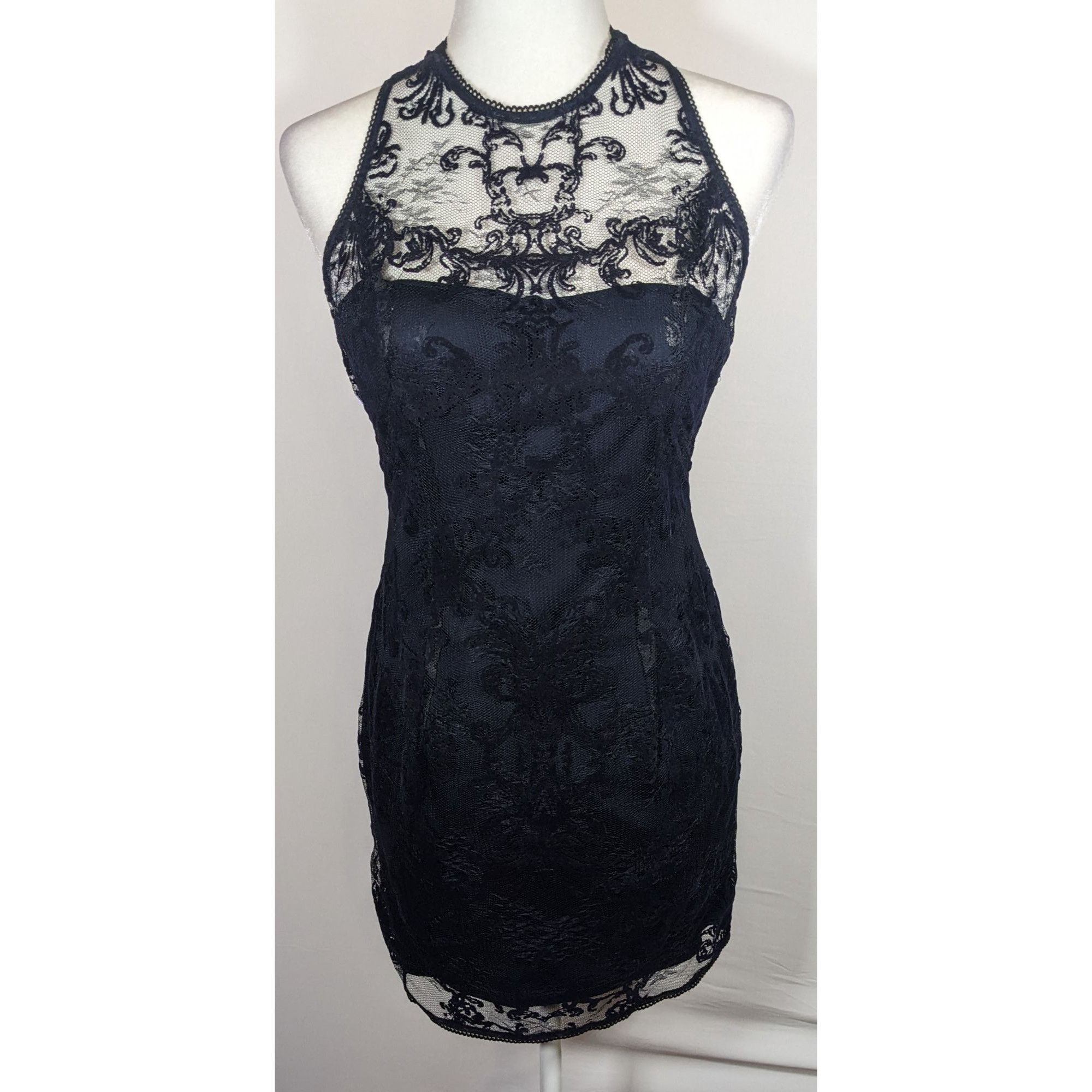 Adrianna Papell Dark Blue Floral Lace Dress