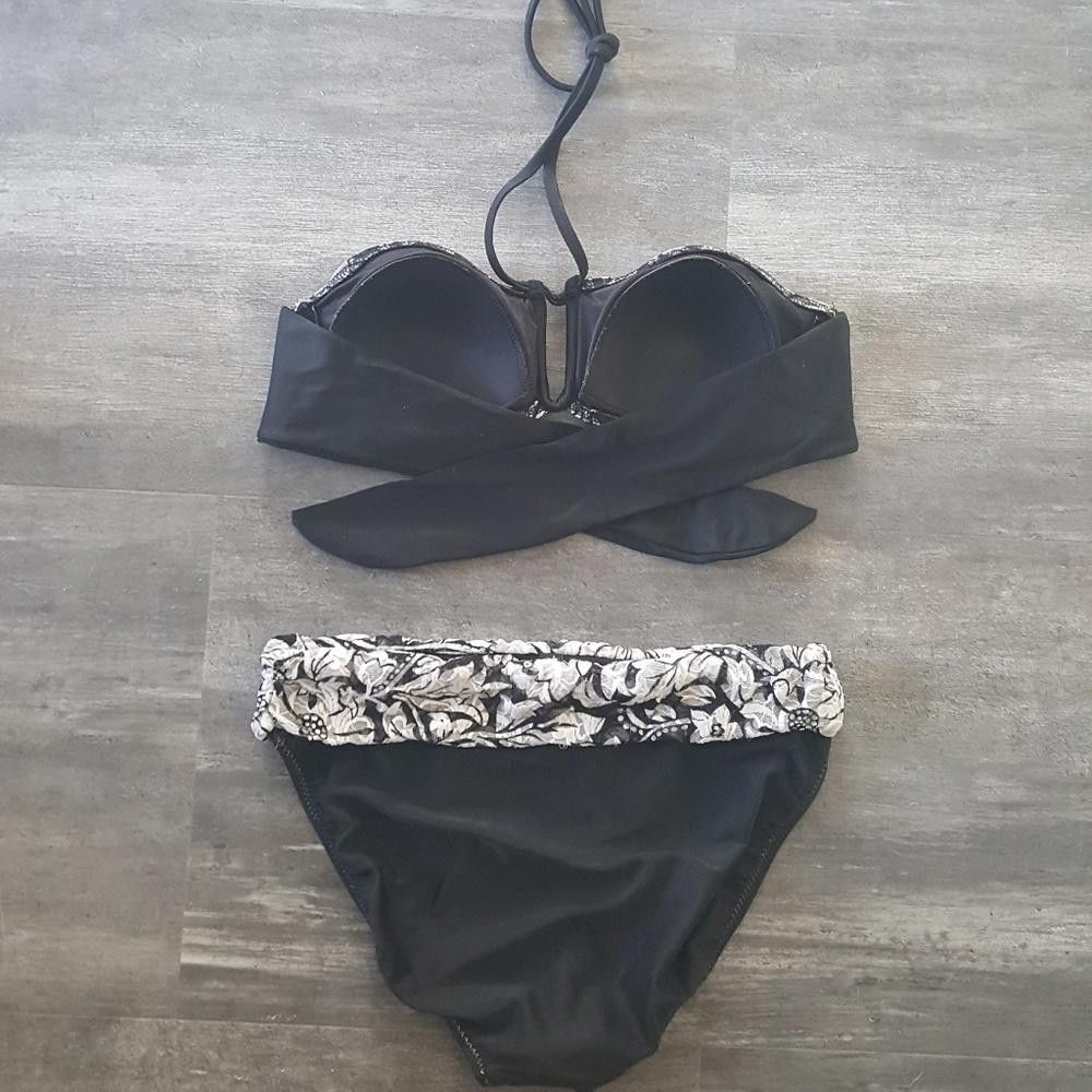 Designer Black Laced Bandeau Bikini Set Size ONE SIZE - 2 Thumbnail