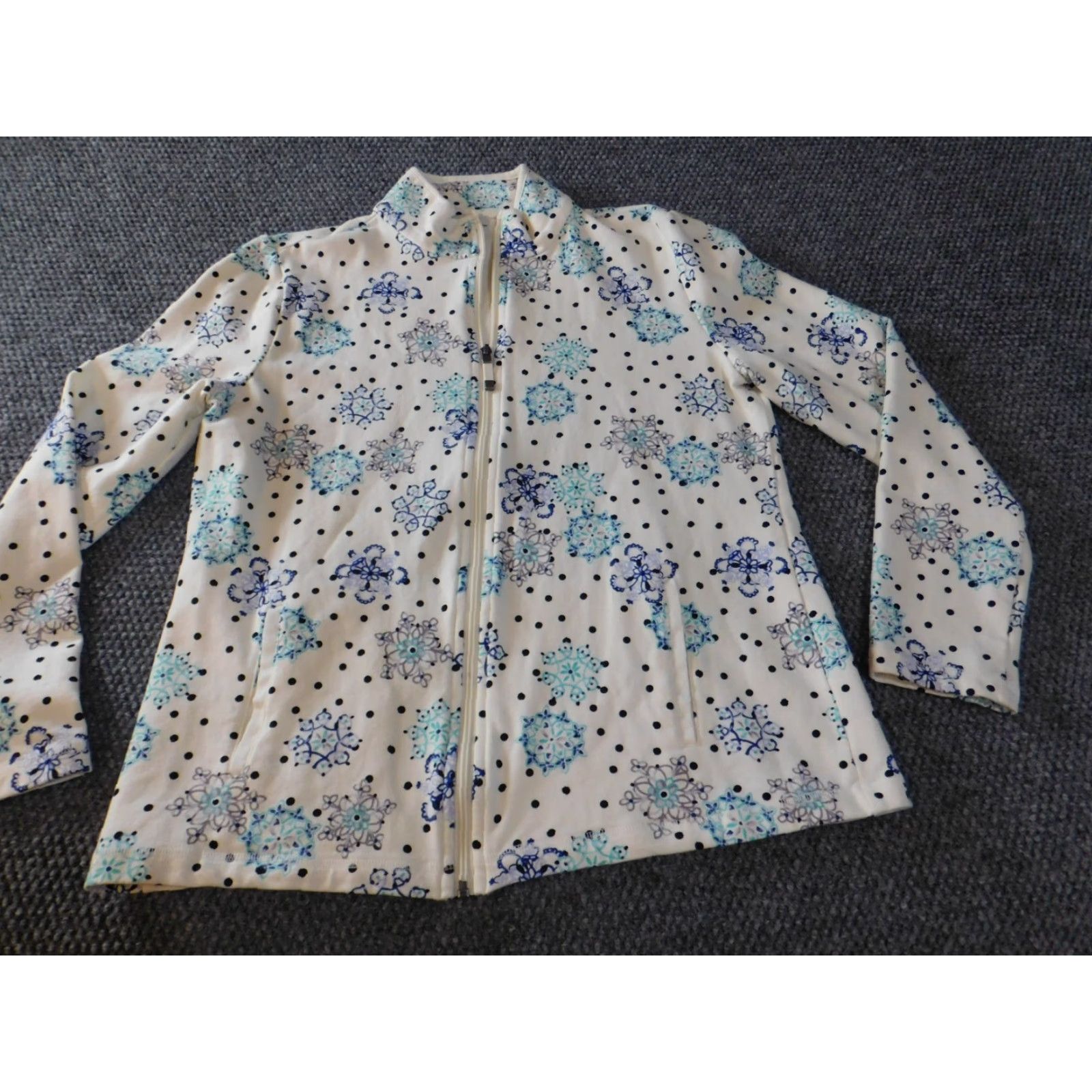 Talbots Talbots Jacket Womens Medium Blue Floral Zip Fleece Stretch Knit Mid-Length Long Sleeve Cotton Shell Embroidered Handcrafted? No Size L / US 10 / IT 46 - 2 Thumbnail