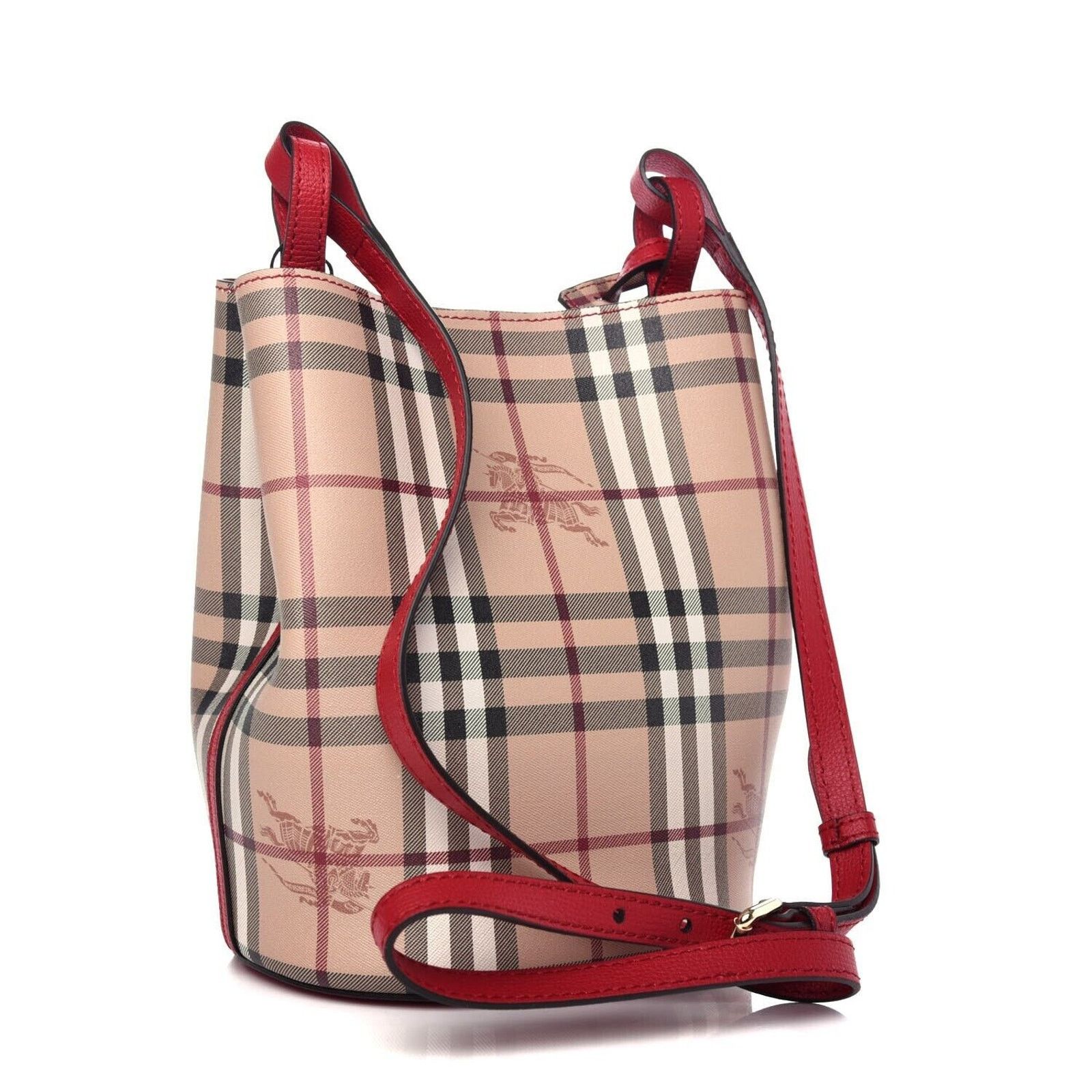 Burberry LORNE RED LEATHER HAYMAKET CHECK CROSSBODY BUCKET SMALL BAG Size ONE SIZE - 1 Thumbnail