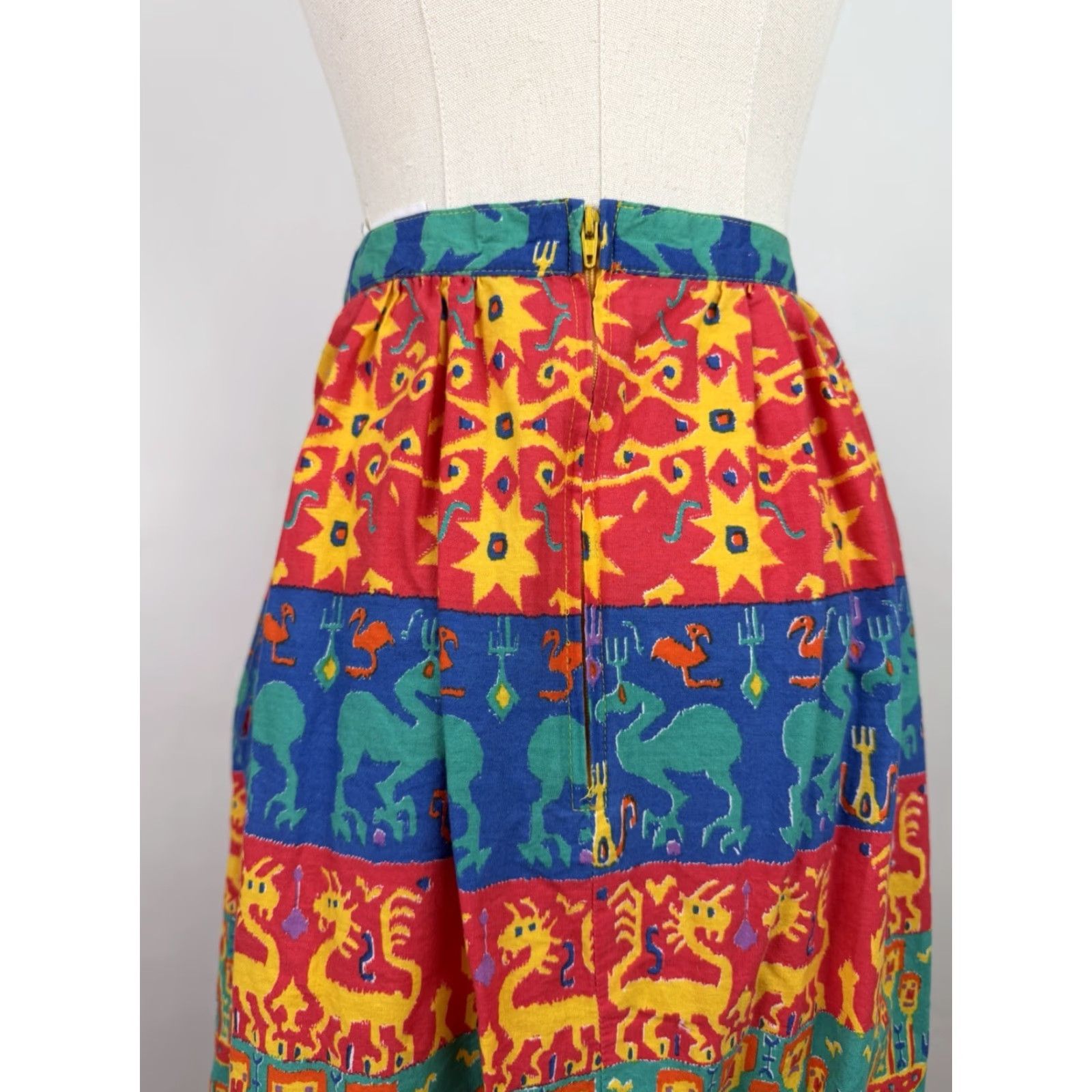 VINTAGE Claude Skirt Maxi Women's S Red Geometric Pleated 80s 90s Art Southwestern Western All Seasons Pockets High Rise Cotton Vintage 12