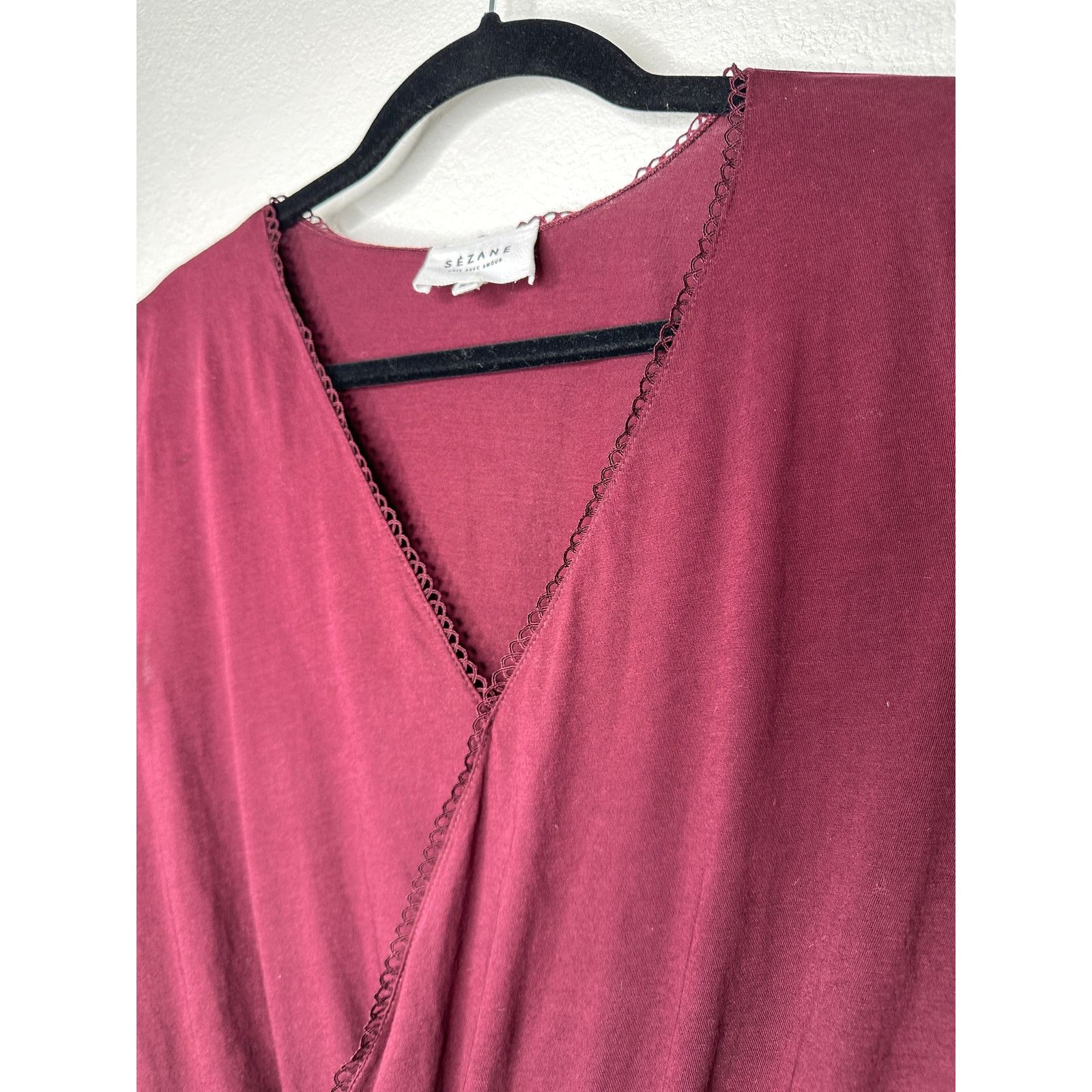 Sezane Sezane Burgundy Thibault Bodysuit Crossover-V Short Sleeve Size 23" - 3 Thumbnail