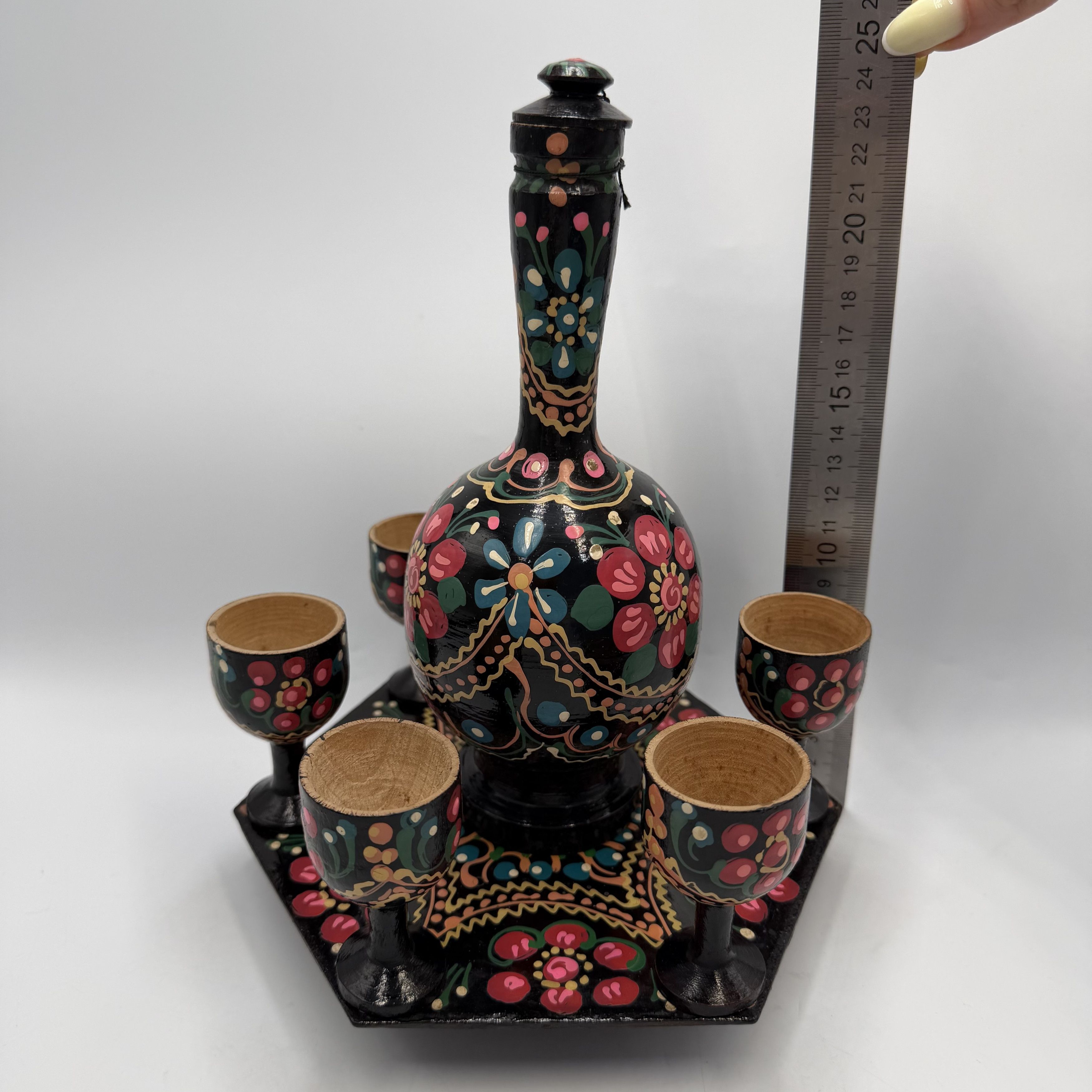 Vintage Vintage Hand Painted Wooden Decanter Set & 6 Goblets Tray Size ONE SIZE - 5 Thumbnail