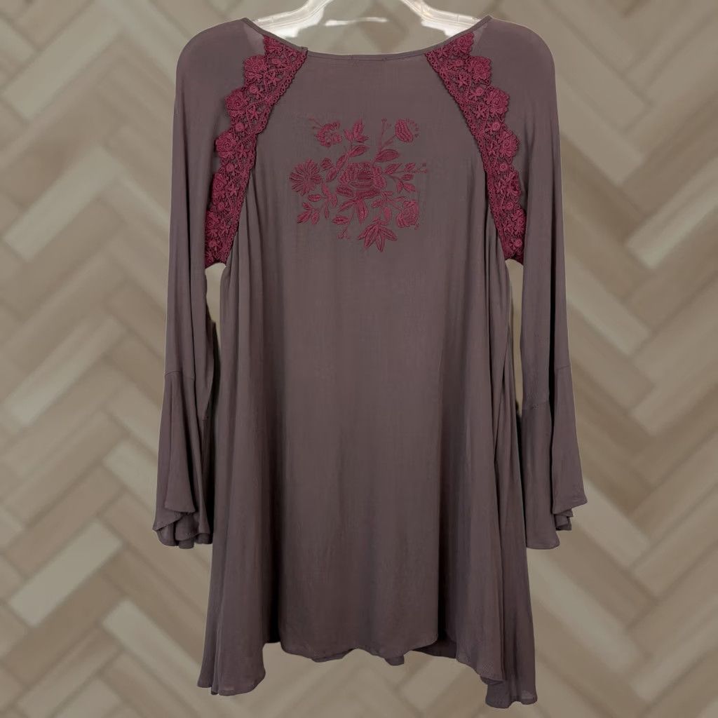Bell UMGEE Dress Women M Boho Brown Floral Embroidered Bell Sleeve Mini Short V-Neck Size M / US 6-8 / IT 42-44 - 1 Thumbnail