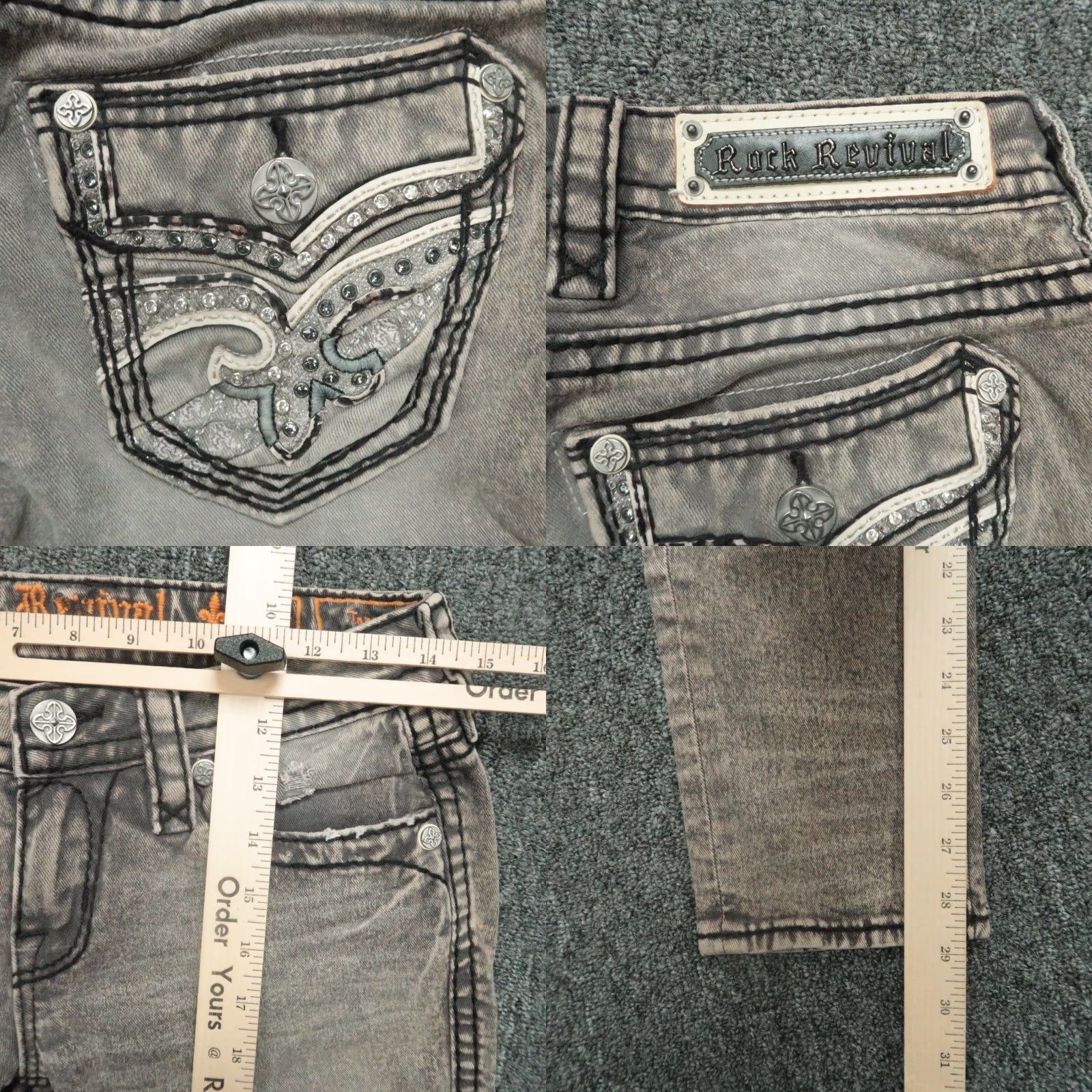 Vintage Rock Revival Jeans Womens Slim Tapered 5-Pocket Denim Gray Brown Tannin Embroidered 26x29 28 Inseam Size 26" / US 2 / IT 38 - 8 Thumbnail