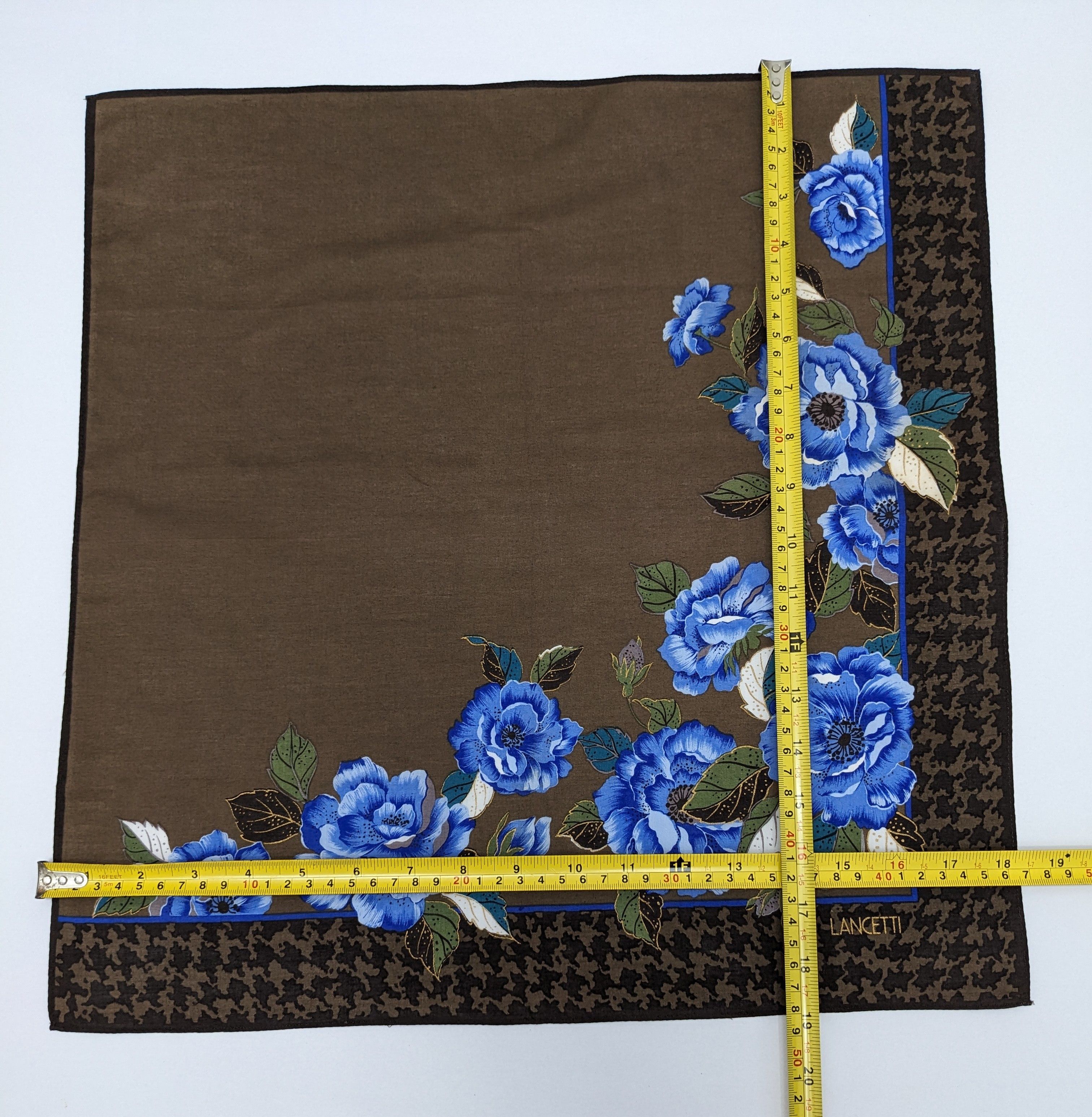 Lui di Lancetti Lancetti Italy Blue Floral & Houndstooth Border Handkerchief Size ONE SIZE - 4 Thumbnail