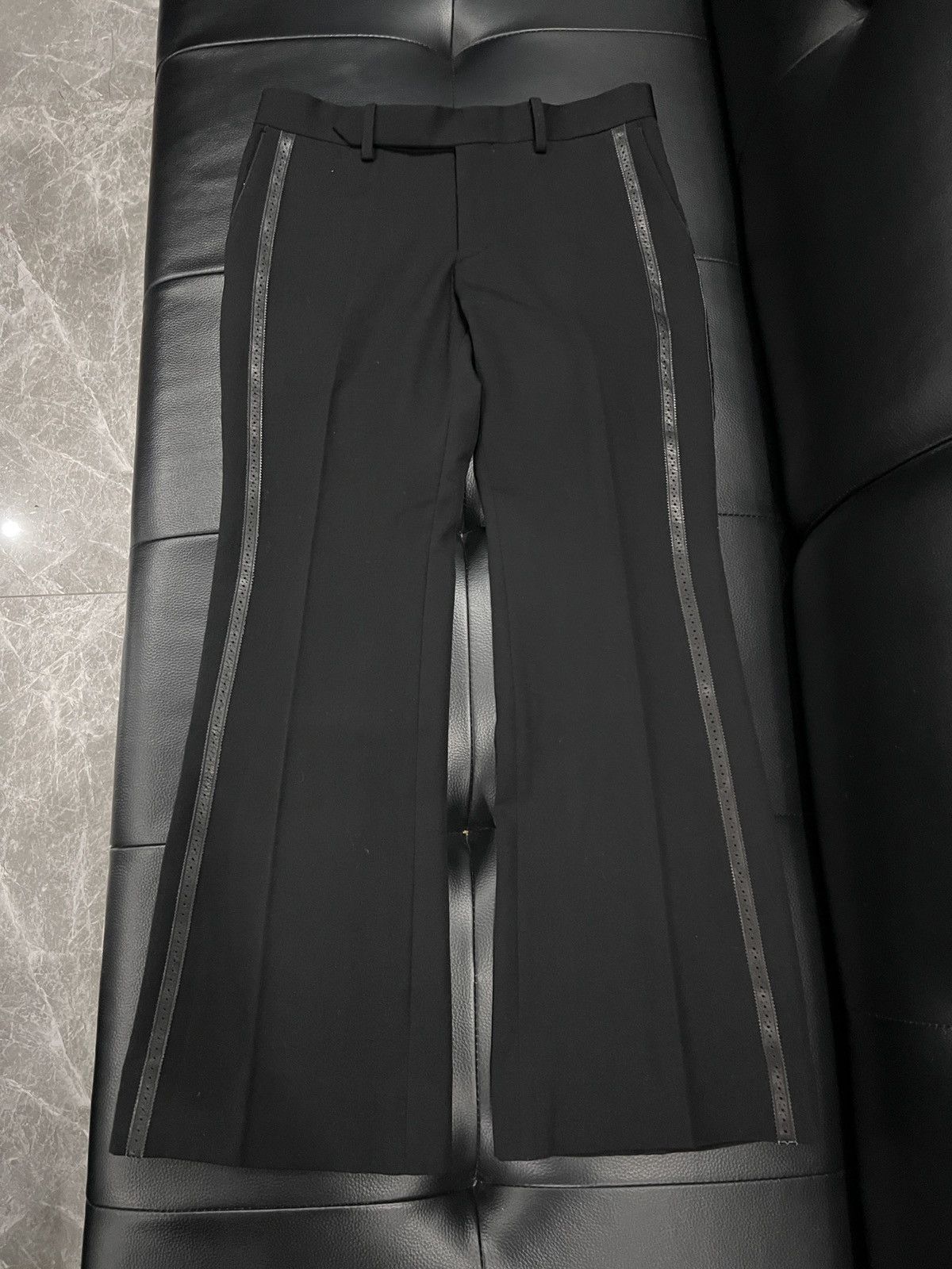 Number (N)ine Number (N)ine FW06 “Noir” Runway Leather Stripe Flared Trous Size 38R - 1 Thumbnail