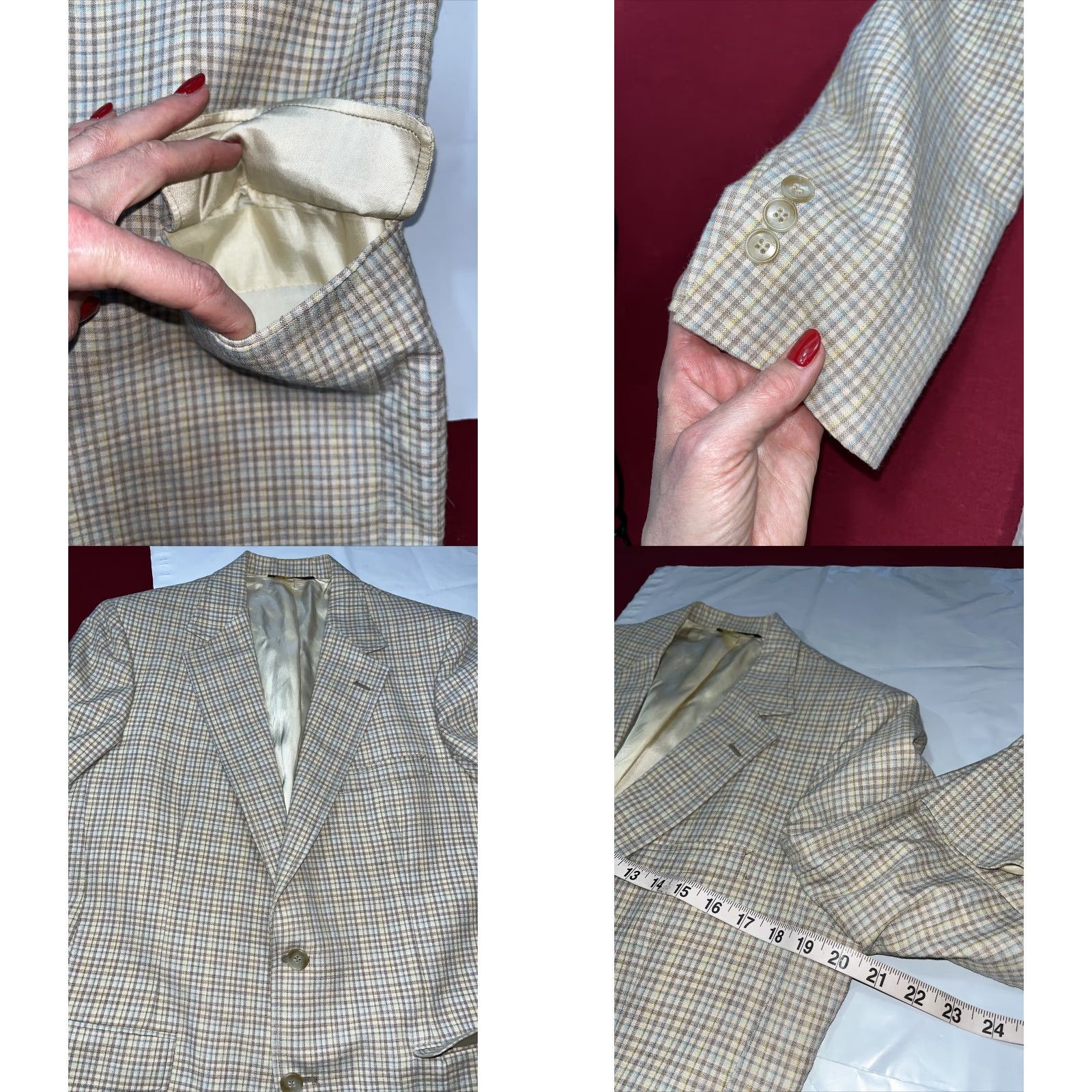 Vintage VINTAGE Johnny Carson Blazer 41R Tan Brown Blue Plaid Wool Blend Single-Breasted 2 Button Notch Lapel Men’s Jacket, 70s 80s 90s Size 42R - 8 Thumbnail