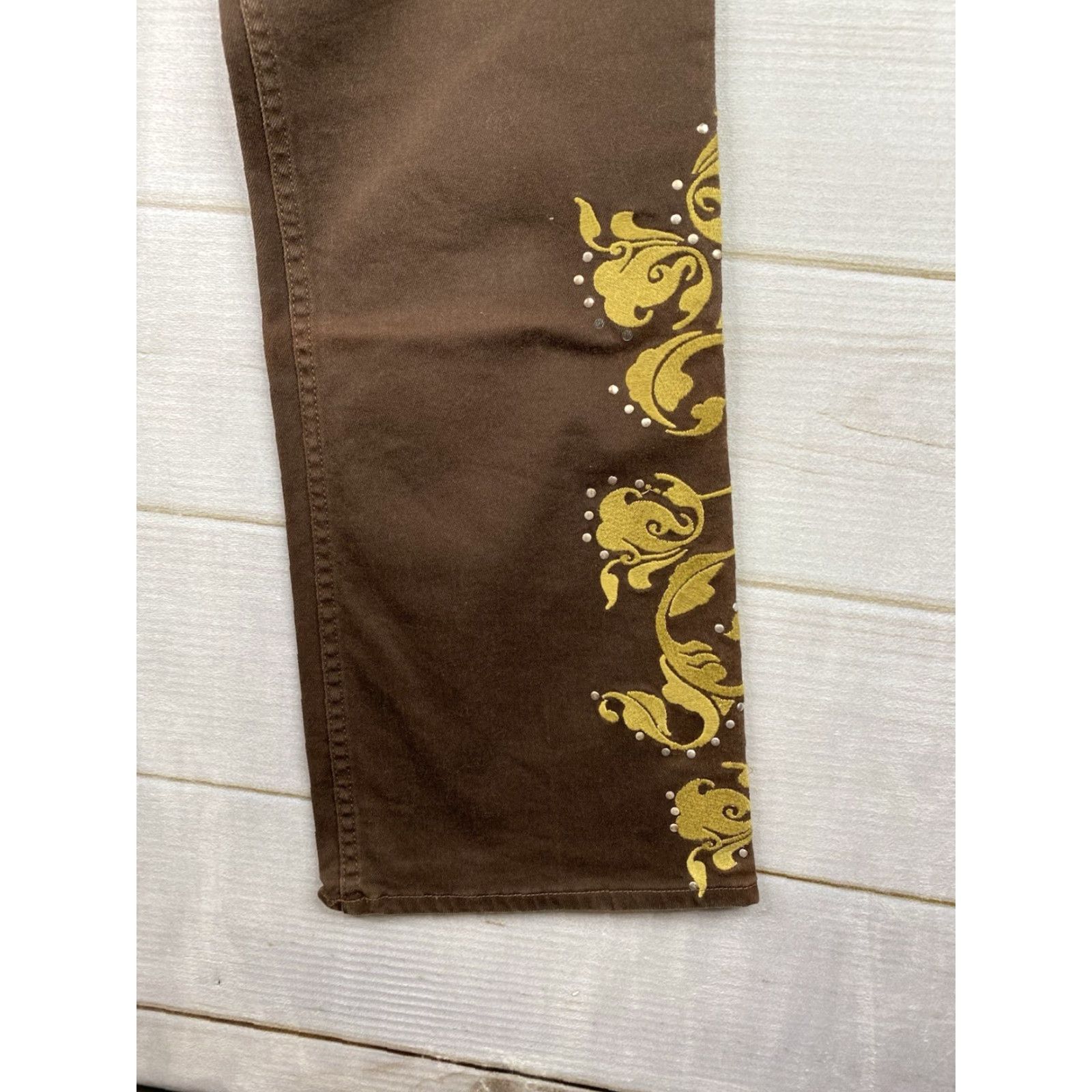 Denime Vtg Lawman Jeans Women Jr 13 Denim Brown Western High-Rise Studded Floral Riding Jeans Size 34" / US 12 / IT 48 - 2 Thumbnail