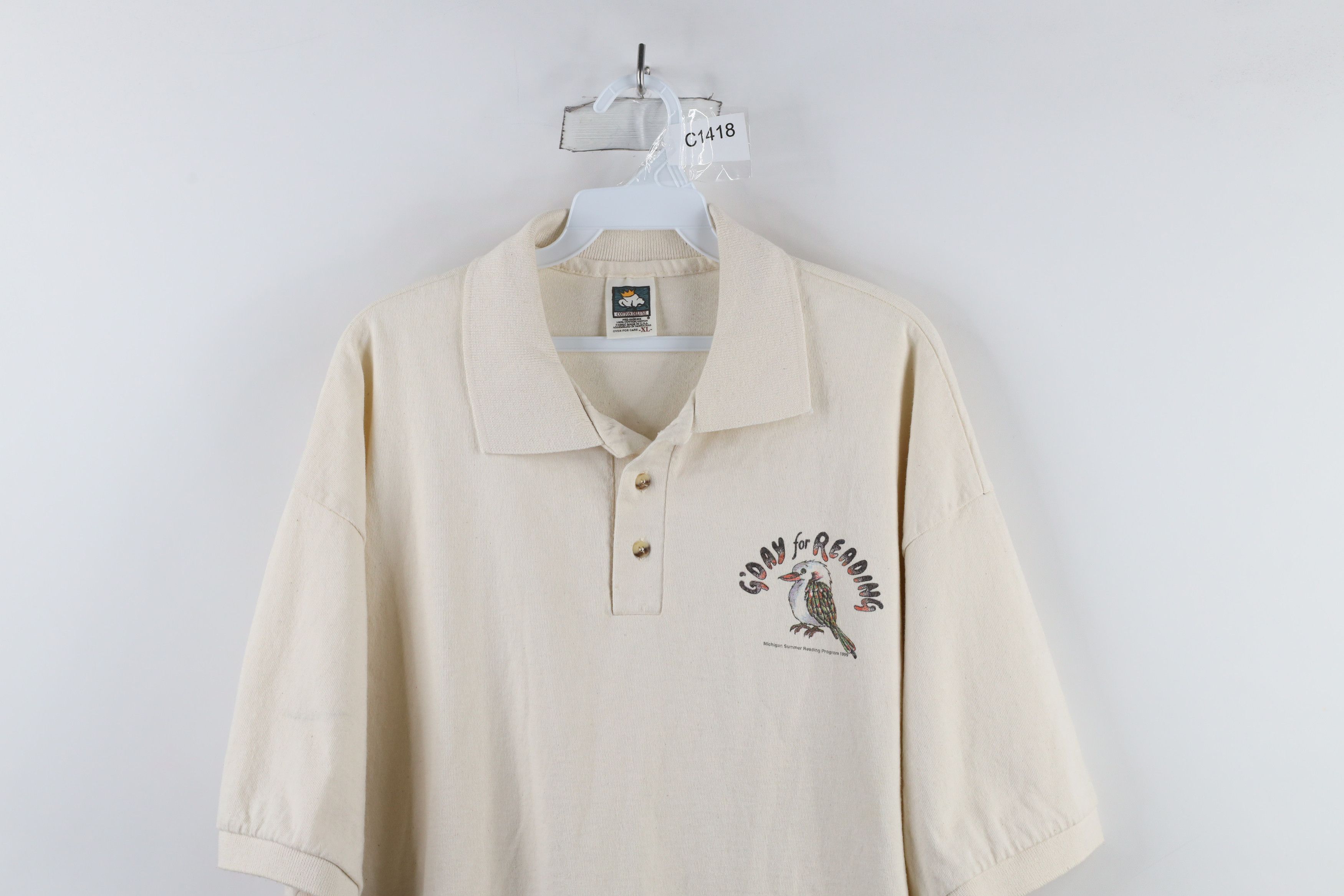 Vintage Vintage 90s Michigan Reading Program Polo Shirt Beige Size US XL / EU 56 / 4 - 2 Thumbnail