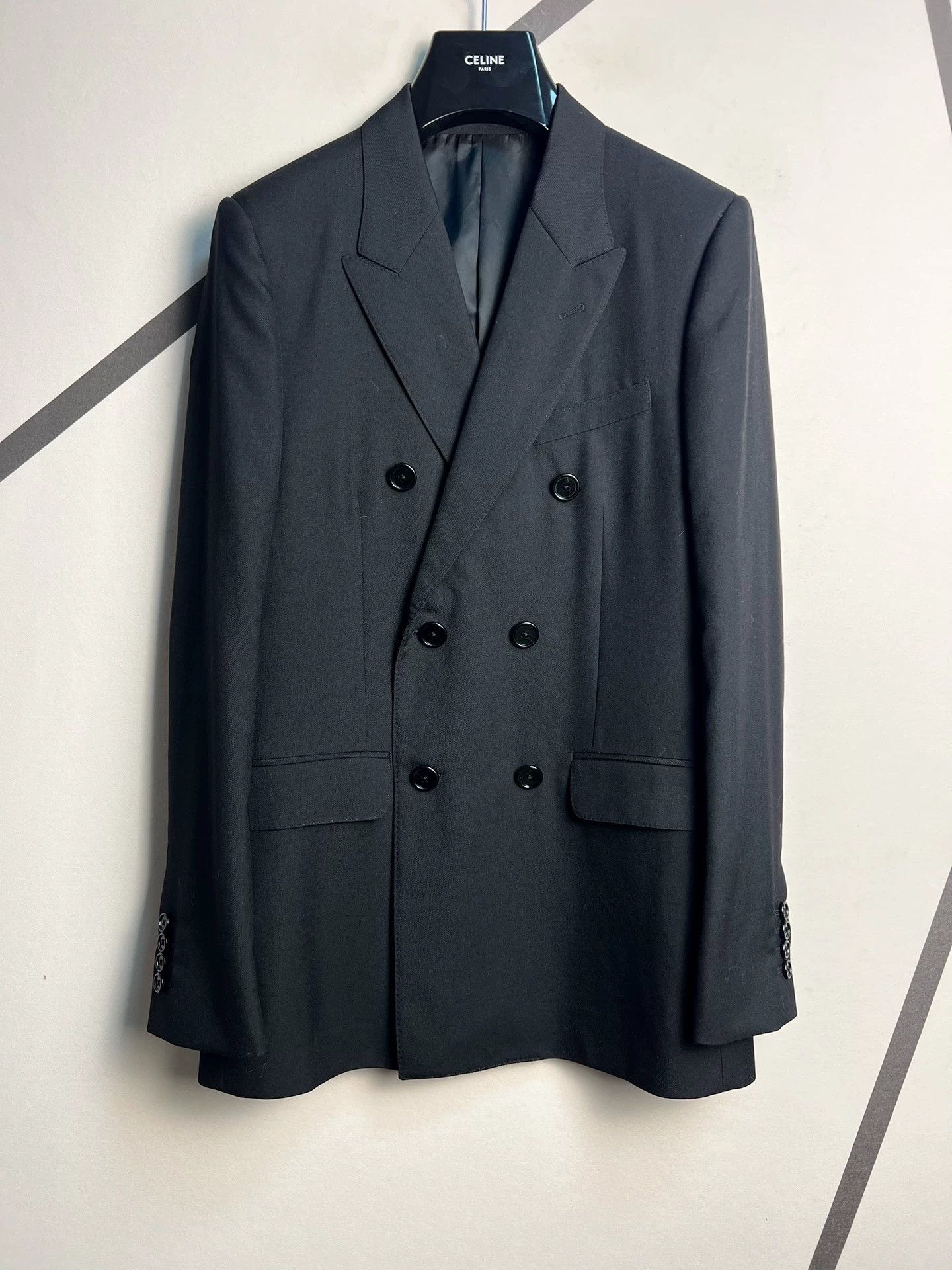 Celine celine black, peaked-lapel, double-breasted wool blazer, Size 48R - 1 Thumbnail