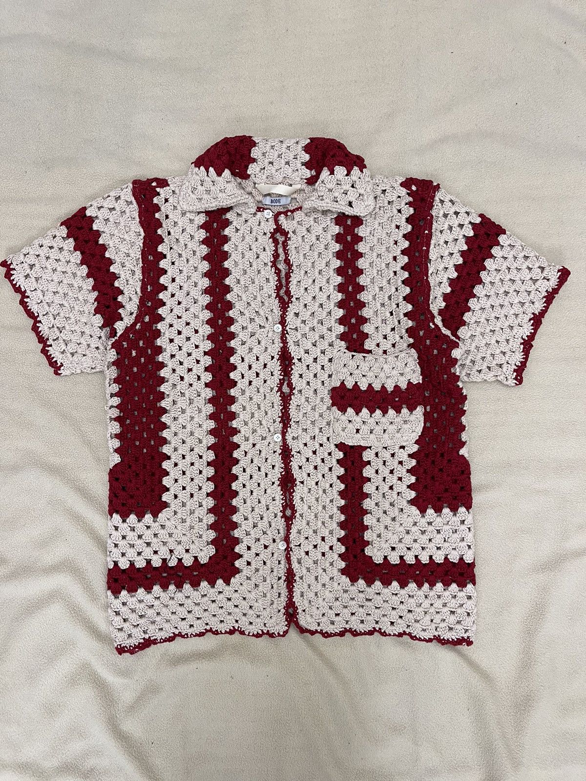 image of Bode ”Striped Crocheted” Shirt in Red, Men's (Size Small)