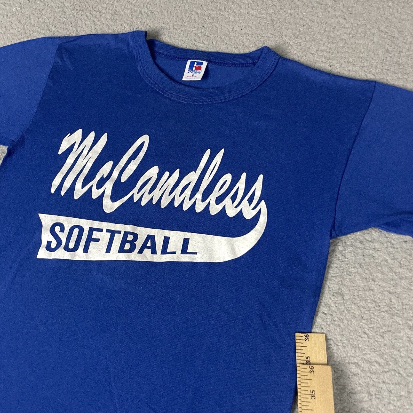 Russell Athletic VINTAGE Russell Athletic Tshirt Adult Small Blue McCandless Softball White USA S Size US S / EU 44-46 / 1 - 3 Thumbnail
