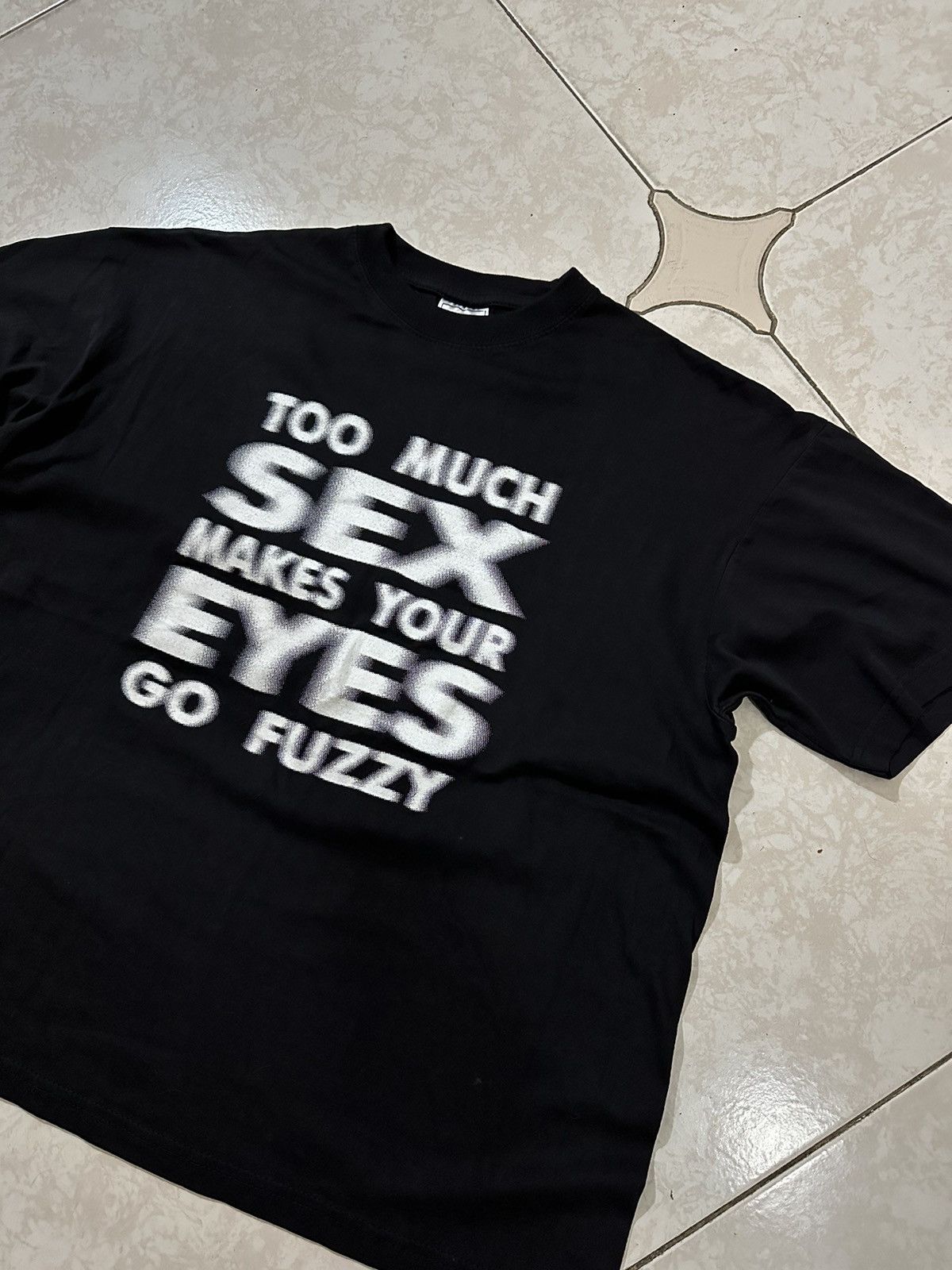 image of Art x Vintage 90's / Too Much Sex Makes Your Eyes Go Fuzzy Vintage Tee in Black, Men's (Size Large)