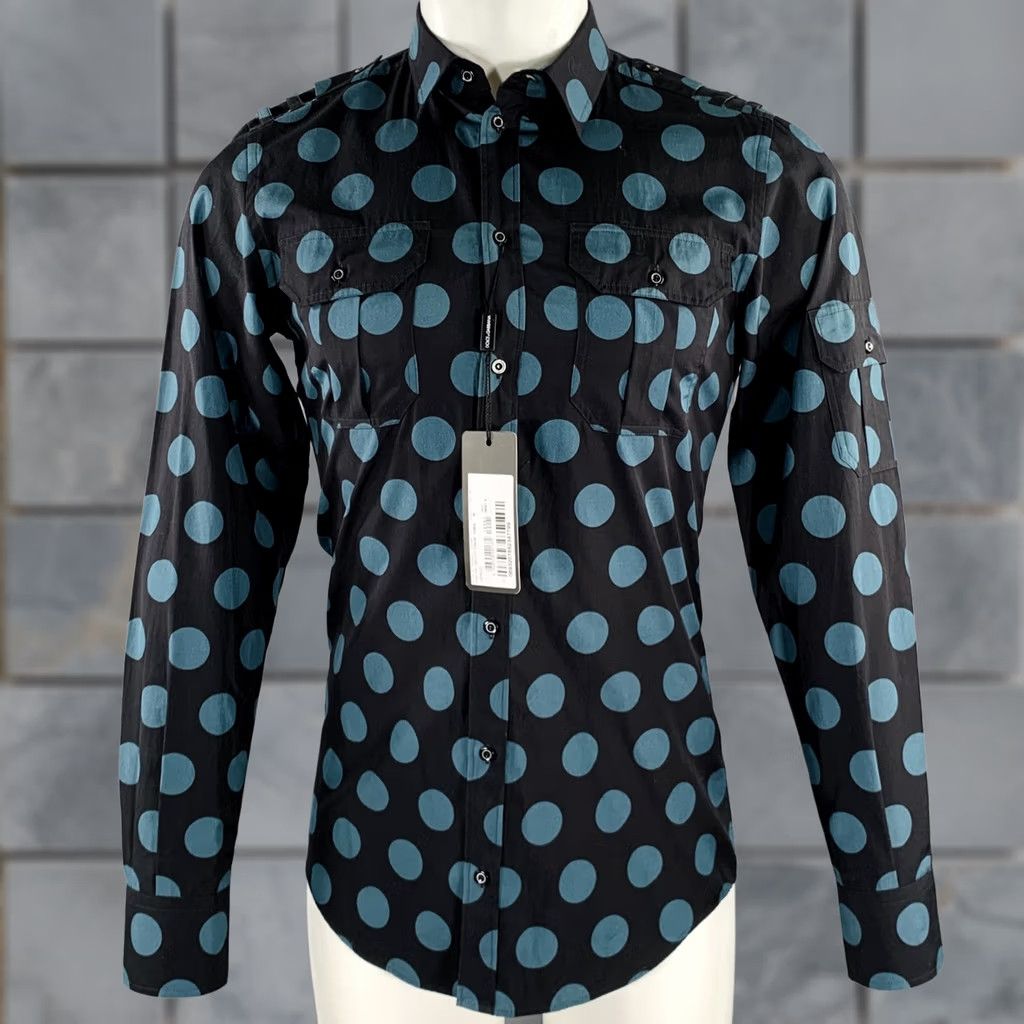 Dolce & Gabbana DOLCE & GABBANA Shirt Black Blue Dots Epaulettes Cotton Long Sleeve 38 Mens Size US M / EU 48-50 / 2 - 1 Thumbnail
