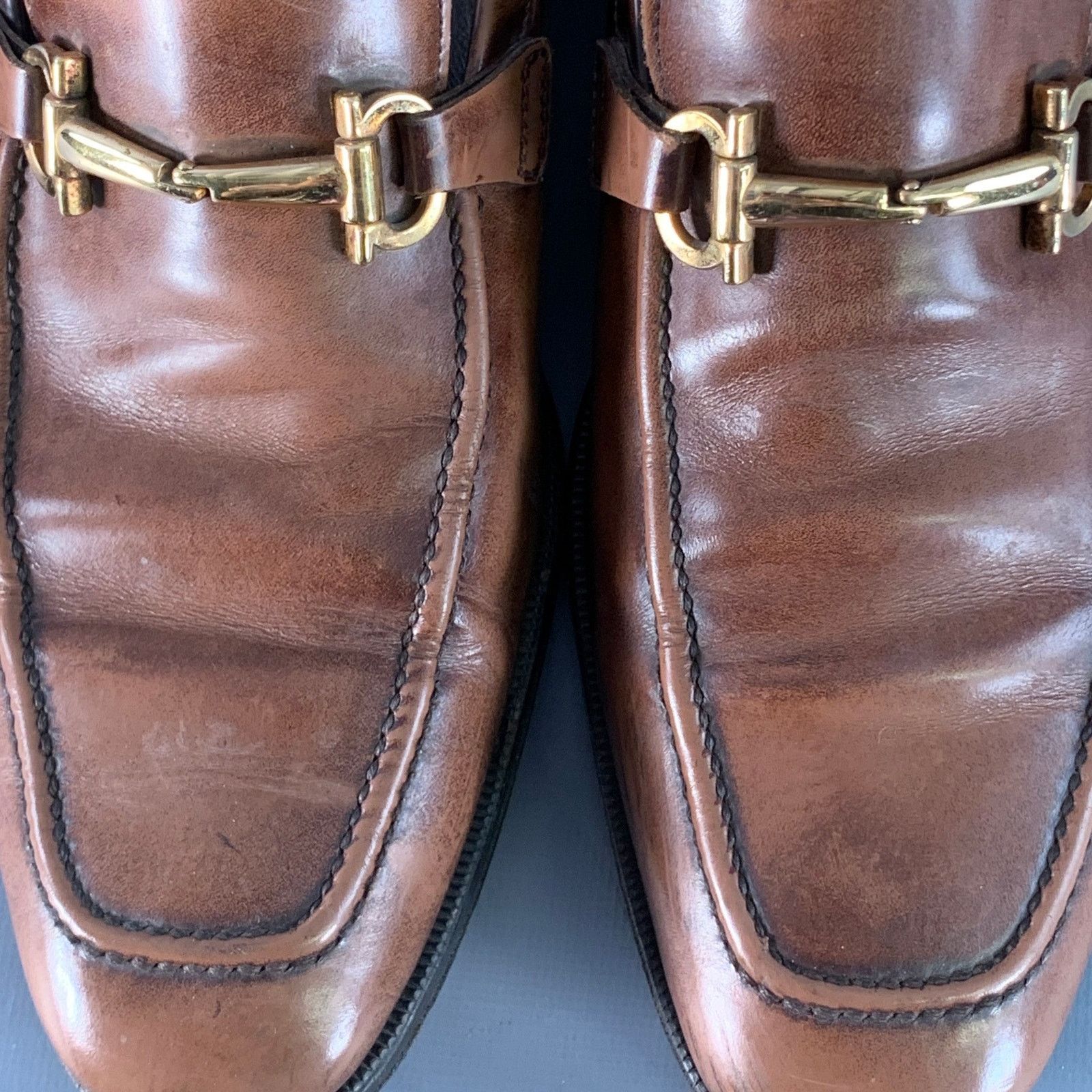 Salvatore Ferragamo SALVATORE FERRAGAMO Brown Gold Leather Horsebit Loafers Size US 7 / EU 40 - 9 Thumbnail