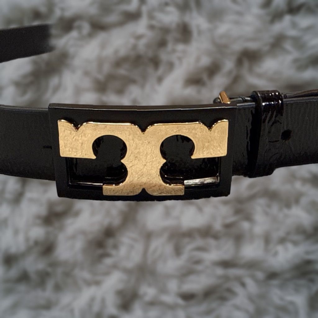 Tory Burch Belt Women Large Black Gold Buckle Logo Accent Adjustable Designer Belt