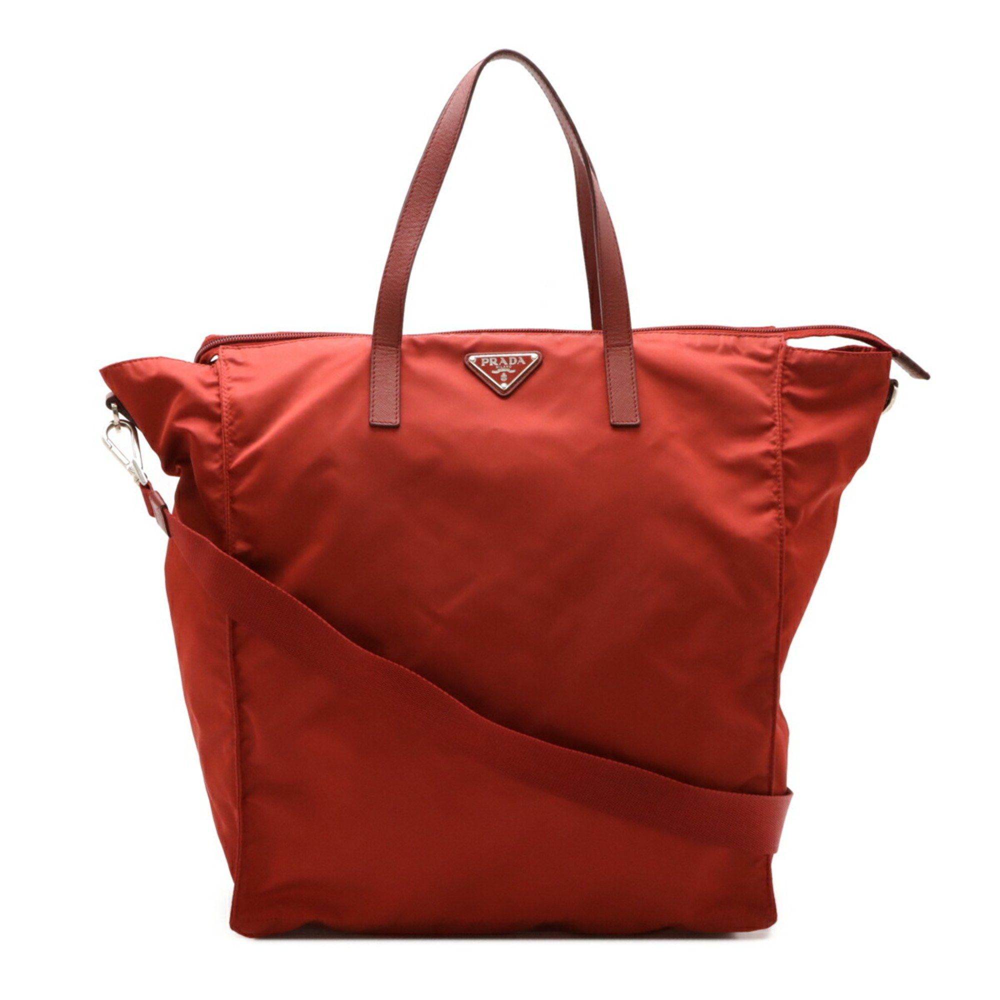 Prada Triangle Tote Bag Large Shoulder Nylon Leather Red, Women's