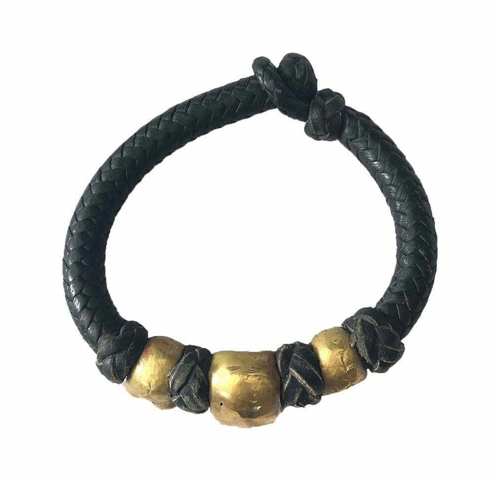 Designer Pre Owned Woven Leather Bracelet With Brass Craniums Skulls Size ONE SIZE - 2 Thumbnail