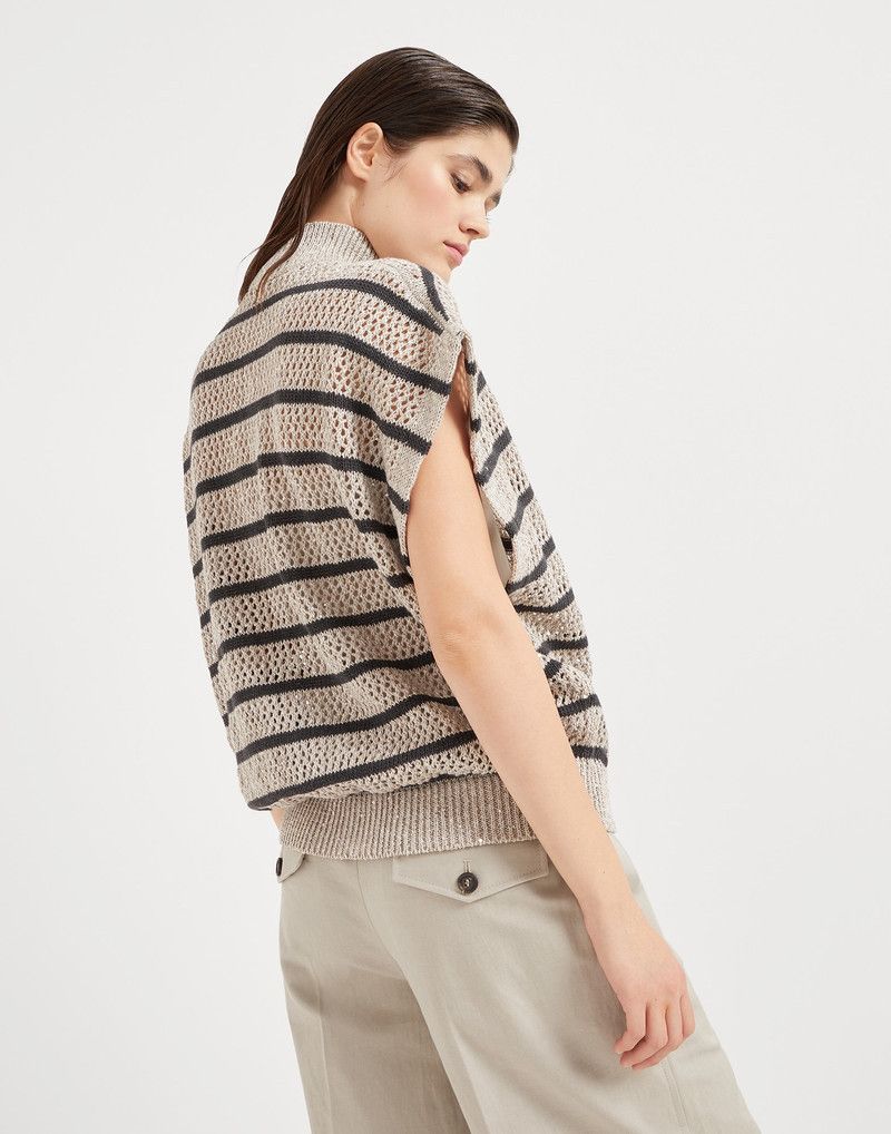 Brunello Cucinelli o1la1rc1a0326 Linen Dazzling Striped Net Cardigan Size M / US 6-8 / IT 42-44 - 2 Thumbnail