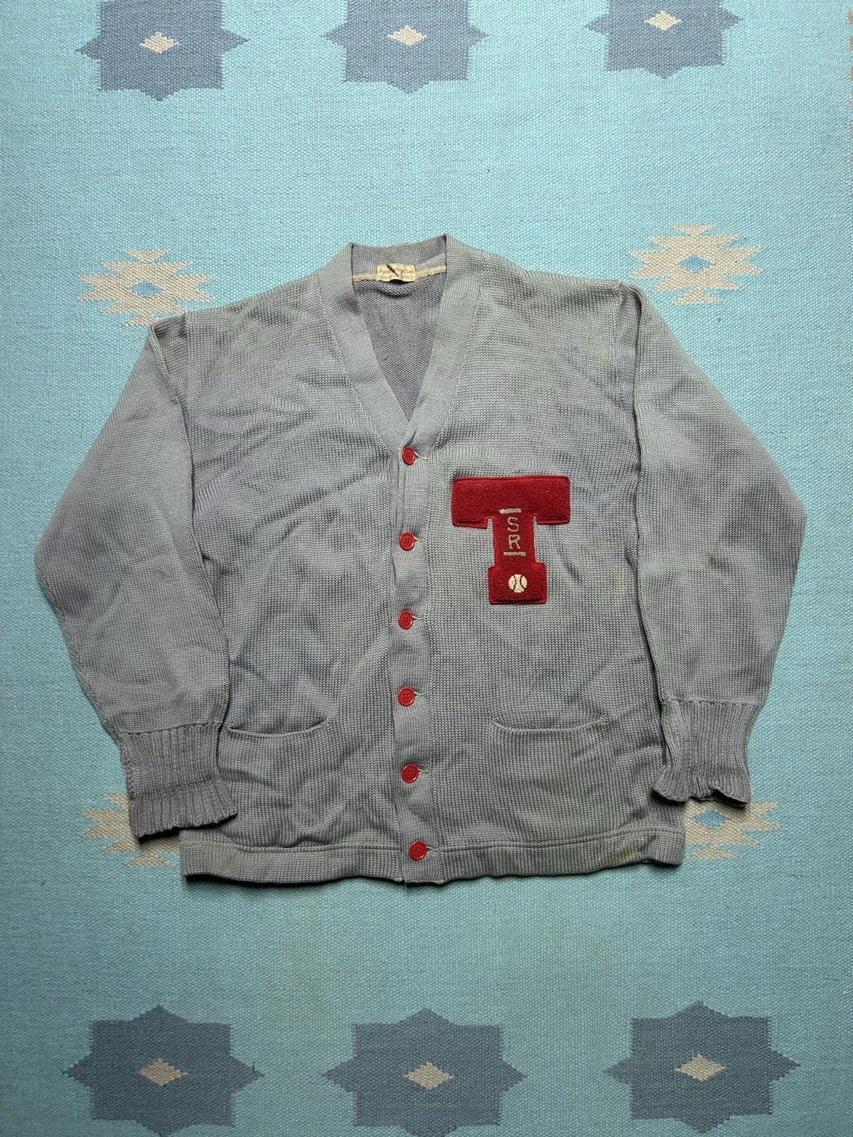 Vintage Vtg 40s wool cardigan sweater Texas 2 tone striped letter L Size US L / EU 52-54 / 3 - 1 Thumbnail