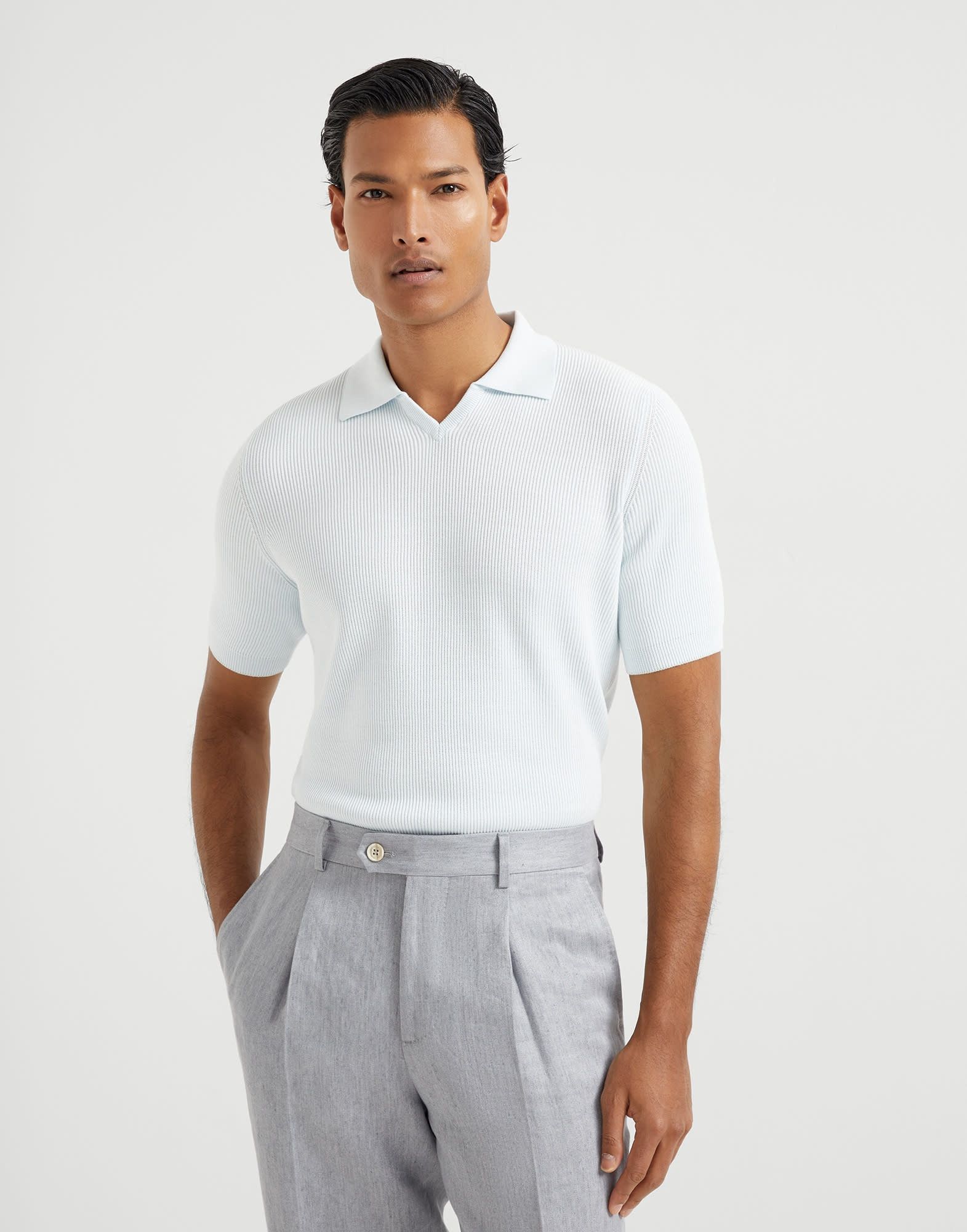 Brunello Cucinelli o1la1rc1a0426 Cotton English Rib Knit Polo Shirt in Sky Blue Size US L / EU 52-54 / 3 - 1 Thumbnail
