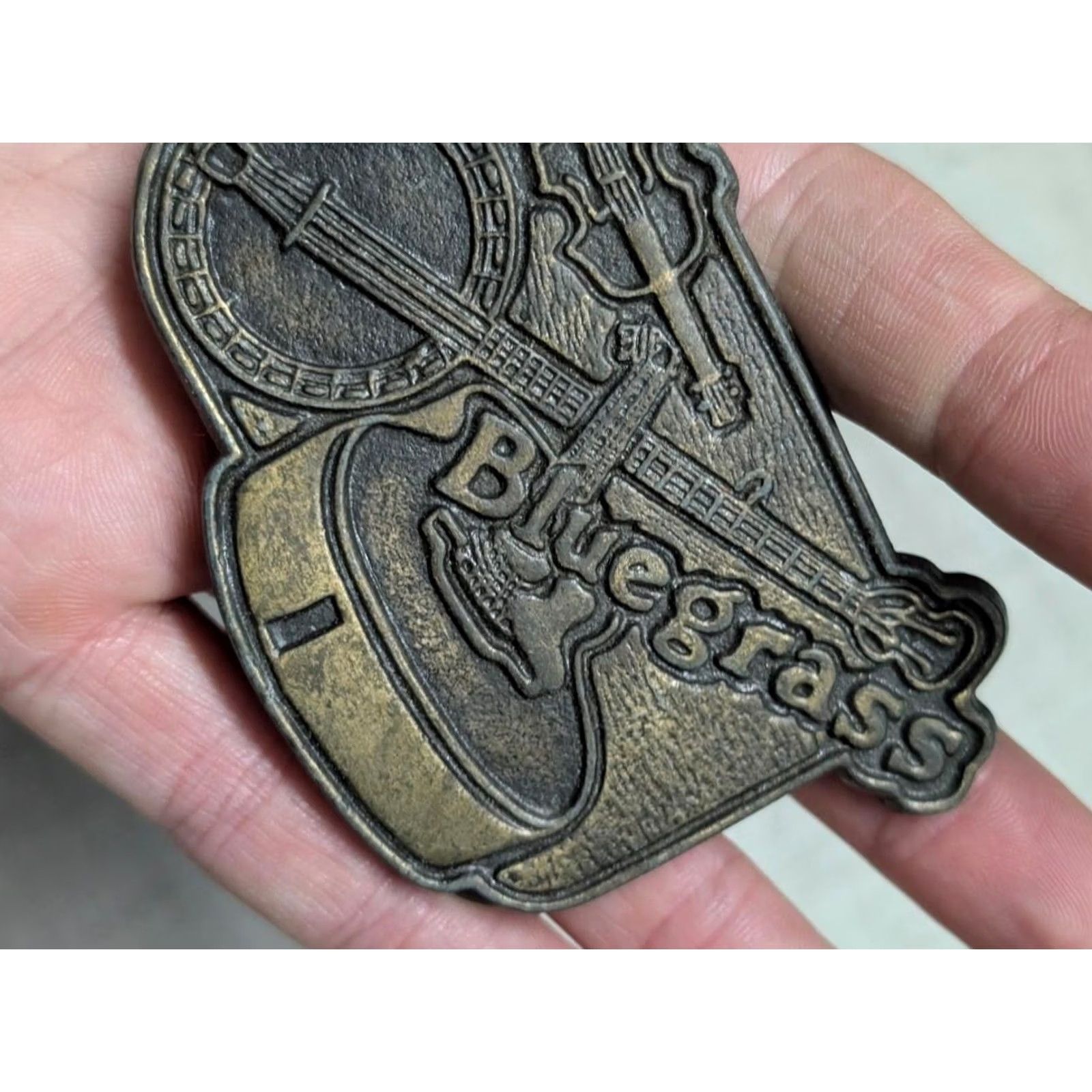 Vintage VINTAGE belt buckle BRASS music belt Buckle width 3.5" 2.5" height western guitar banjo BLUEGRASS Men Buckle Pattern: Music XS? Size ONE SIZE - 2 Thumbnail