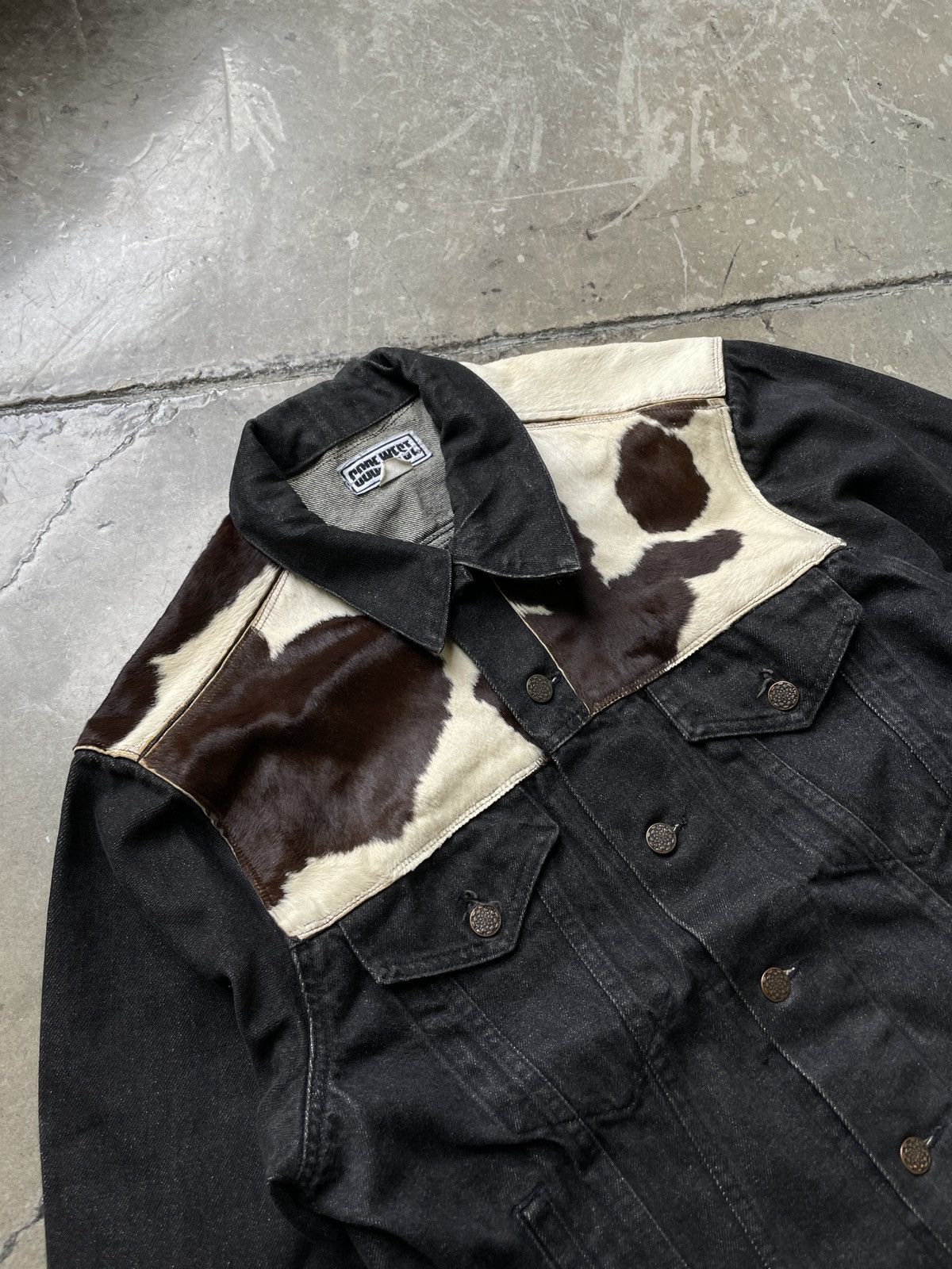 image of Cow Print Black Denim Jacket Vintage, Men's (Size XL)