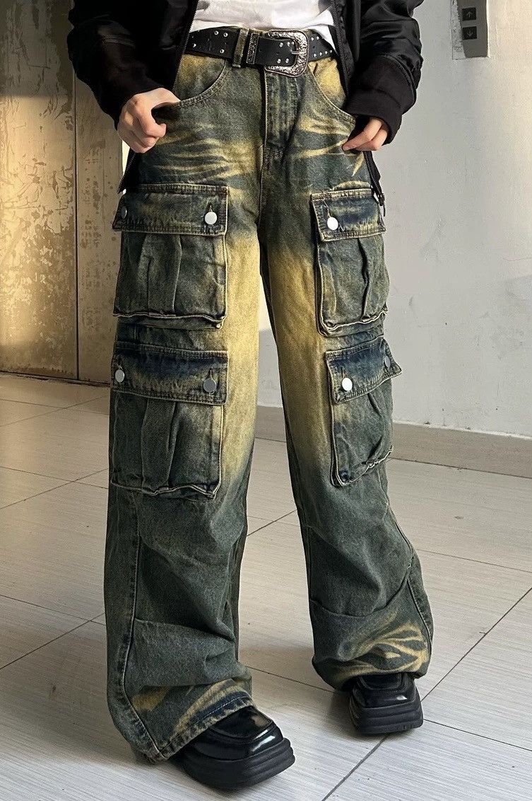 Avant garde retro cargo raw denim jeans pants