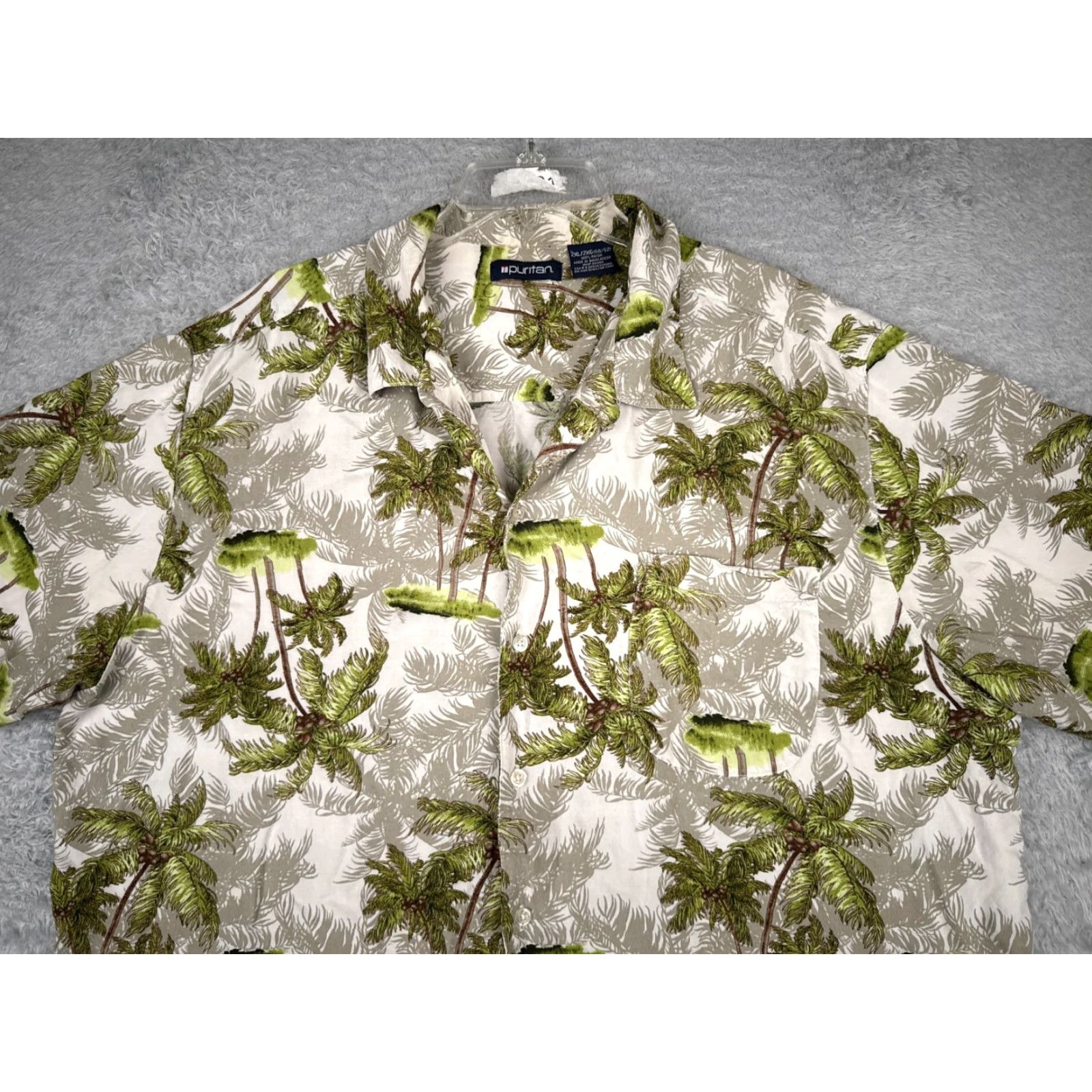 Vintage Puritan Shirt Mens 2XL Beige Green Hawaiian Palm Tree Print Rayon Button-Up Casual Short Sleeve Pattern Floral 2XL Mens Vibrant Hawaiian Theme Womens? Size US XXL / EU 58 / 5 - 6 Thumbnail