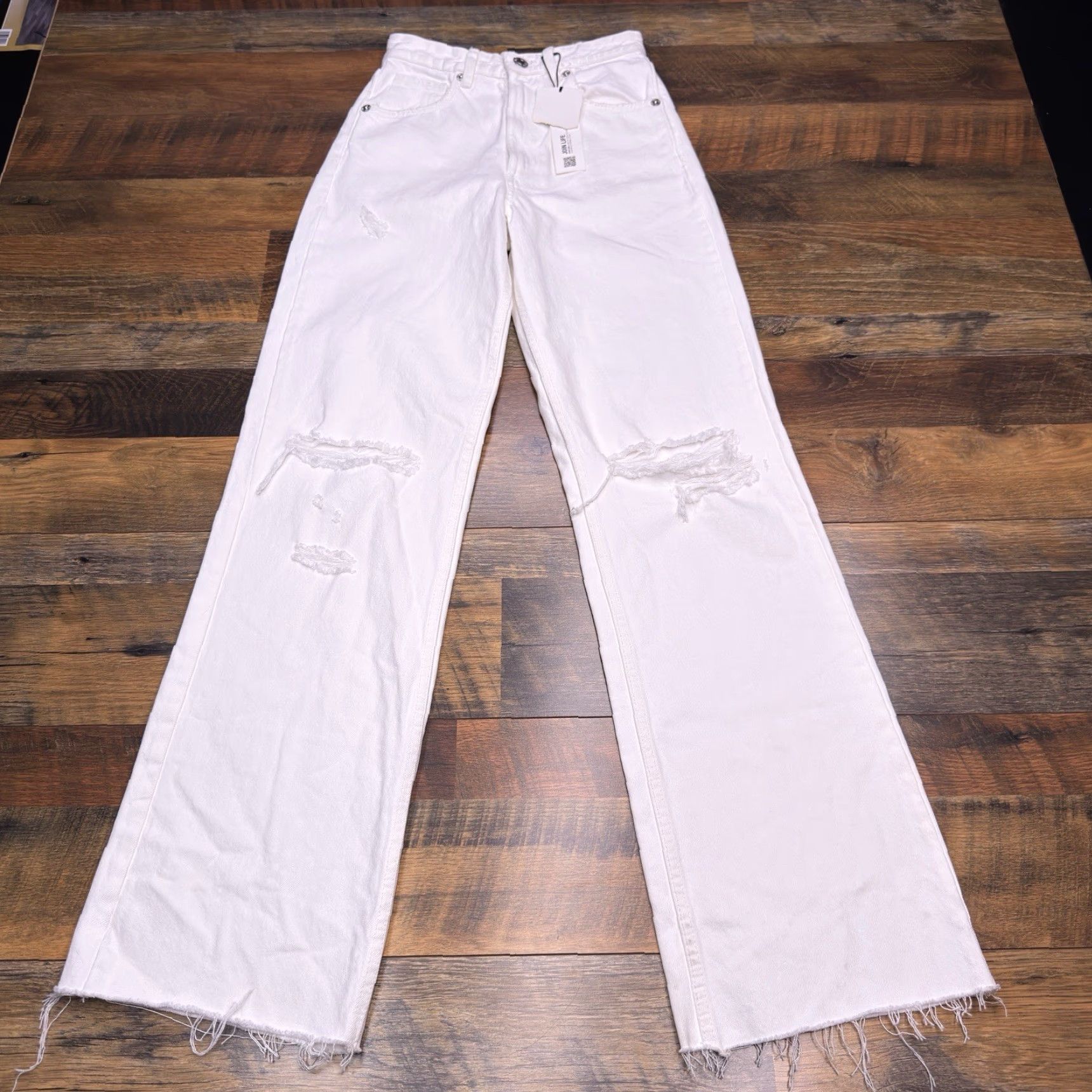 Zara Zara Jeans Womens 2 White Wide-Leg High Rise 32.5in Inseam Distressed 5-Pocket Denim Bohemian City Shirt? Size 26" / US 2 / IT 38 - 2 Thumbnail