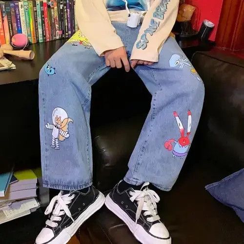 Designer Straight Cartoon Streetwear Jeans Sponge Bob Hip Hop Style Size US 30 / EU 46 - 2 Thumbnail