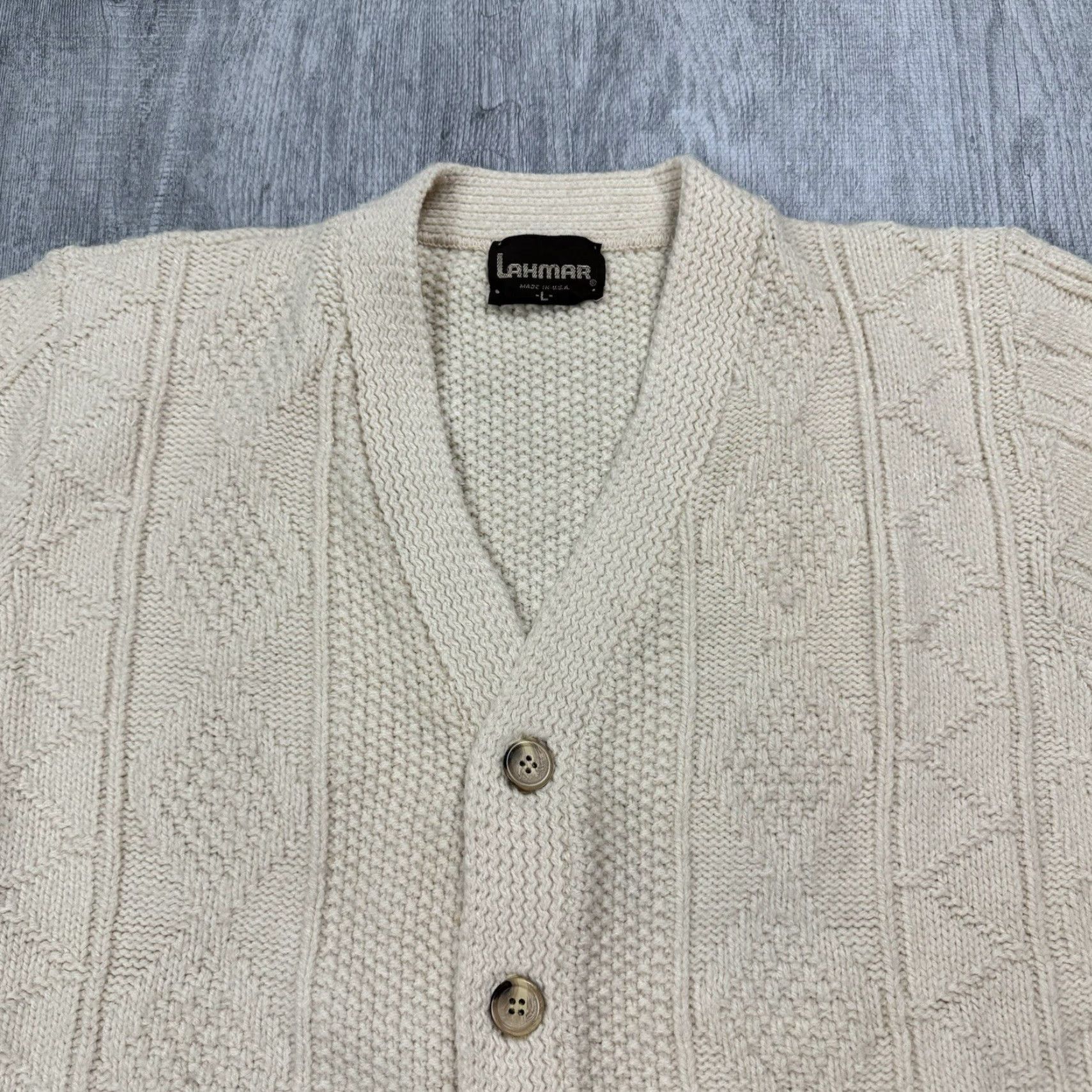 Vintage VINTAGE 1970s LAHMAR GEOMETRIC GOLF SWEATER Cardigan Size L Ivory Mens Size US L / EU 52-54 / 3 - 2 Thumbnail