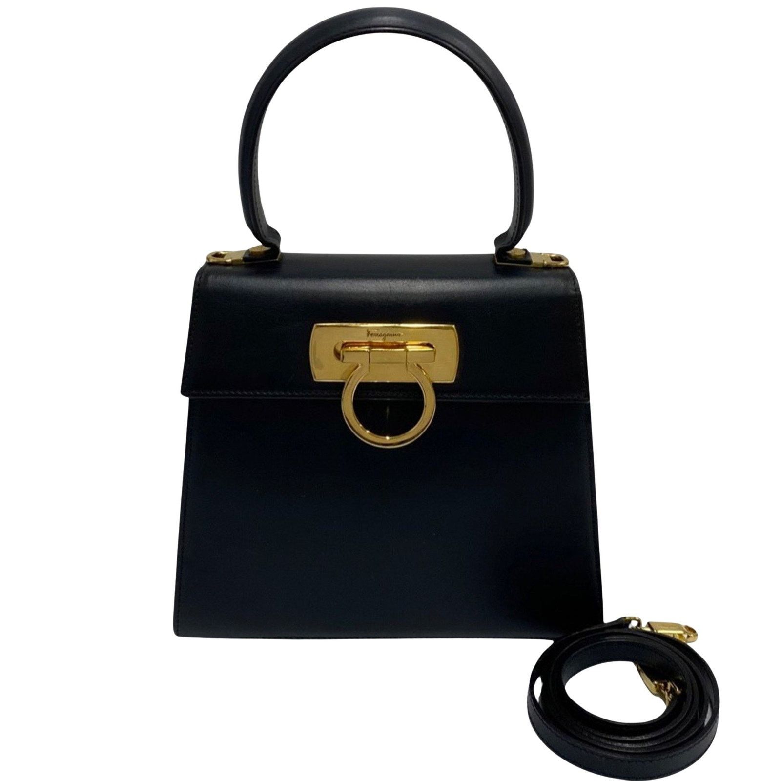 Salvatore Ferragamo Black Leather Gancini