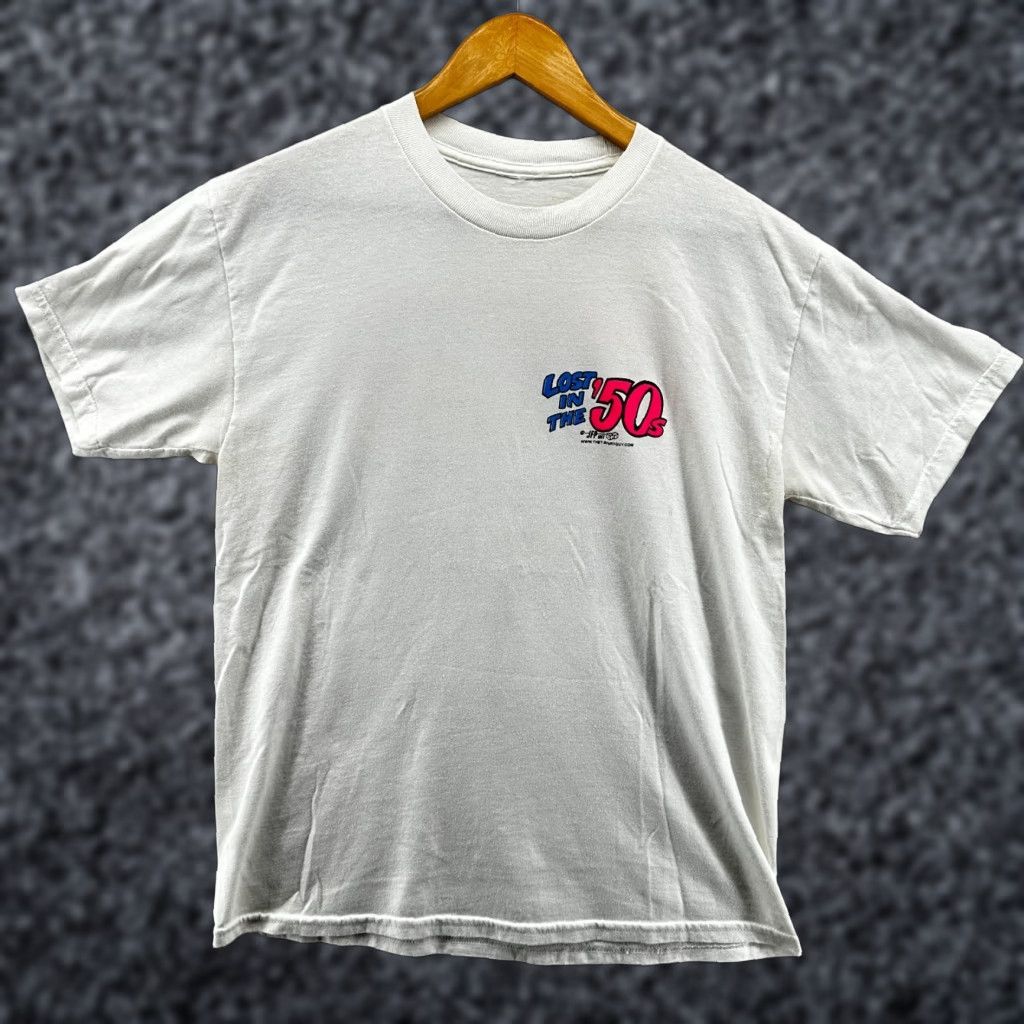Gildan VINTAGE Lost In The 50s T Shirt Hot Rod Diner 1991 Mens Medium White Gildan 50s Crew Neck Short Sleeve Cotton Blend Regular Tee ShirtsMens Size US M / EU 48-50 / 2 - 1 Thumbnail