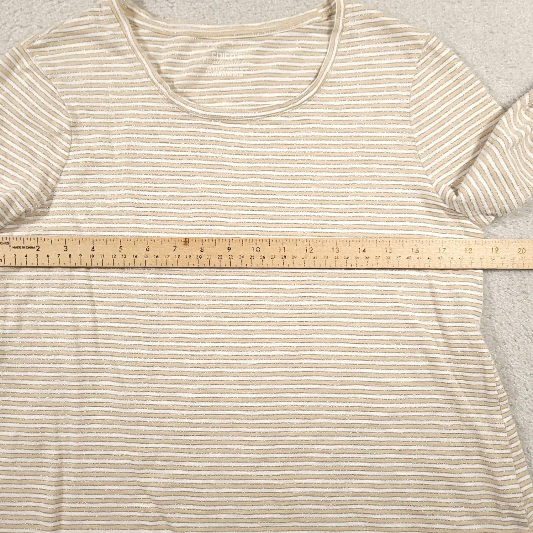Vintage Chico's Ultimate Tee Shirt Womens M Beige White Stripe Metallic Tab Sleeve Shirt Size M / US 6-8 / IT 42-44 - 5 Thumbnail