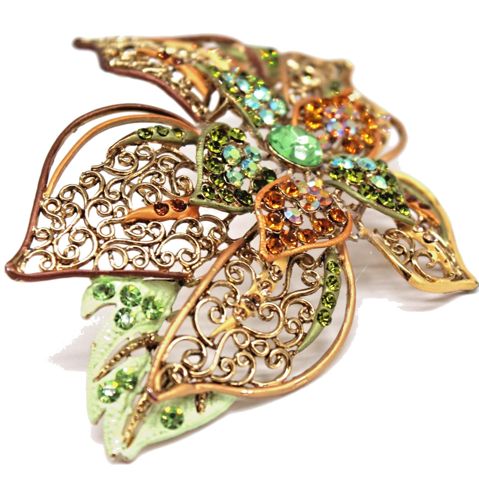 Other Vintage Big Leafy Rhinestone Brooch Green Brown Cluster 5" Size ONE SIZE - 2 Thumbnail