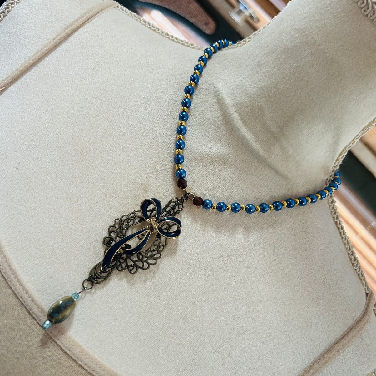 Handmade Handcrafted Czech glass pearl filigree bow pendant necklace Size ONE SIZE - 1 Thumbnail