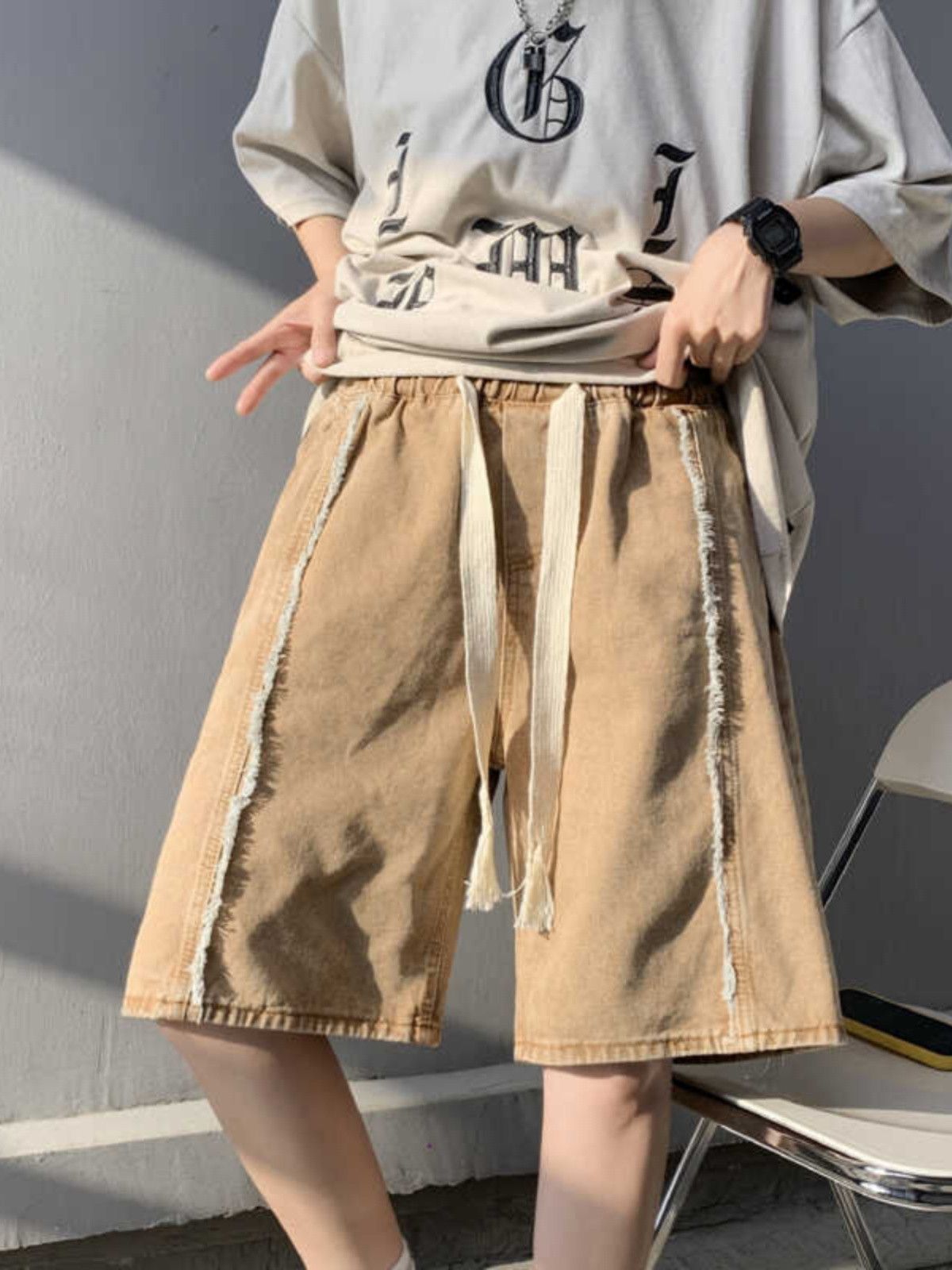 Retro loose patchwork denim shorts