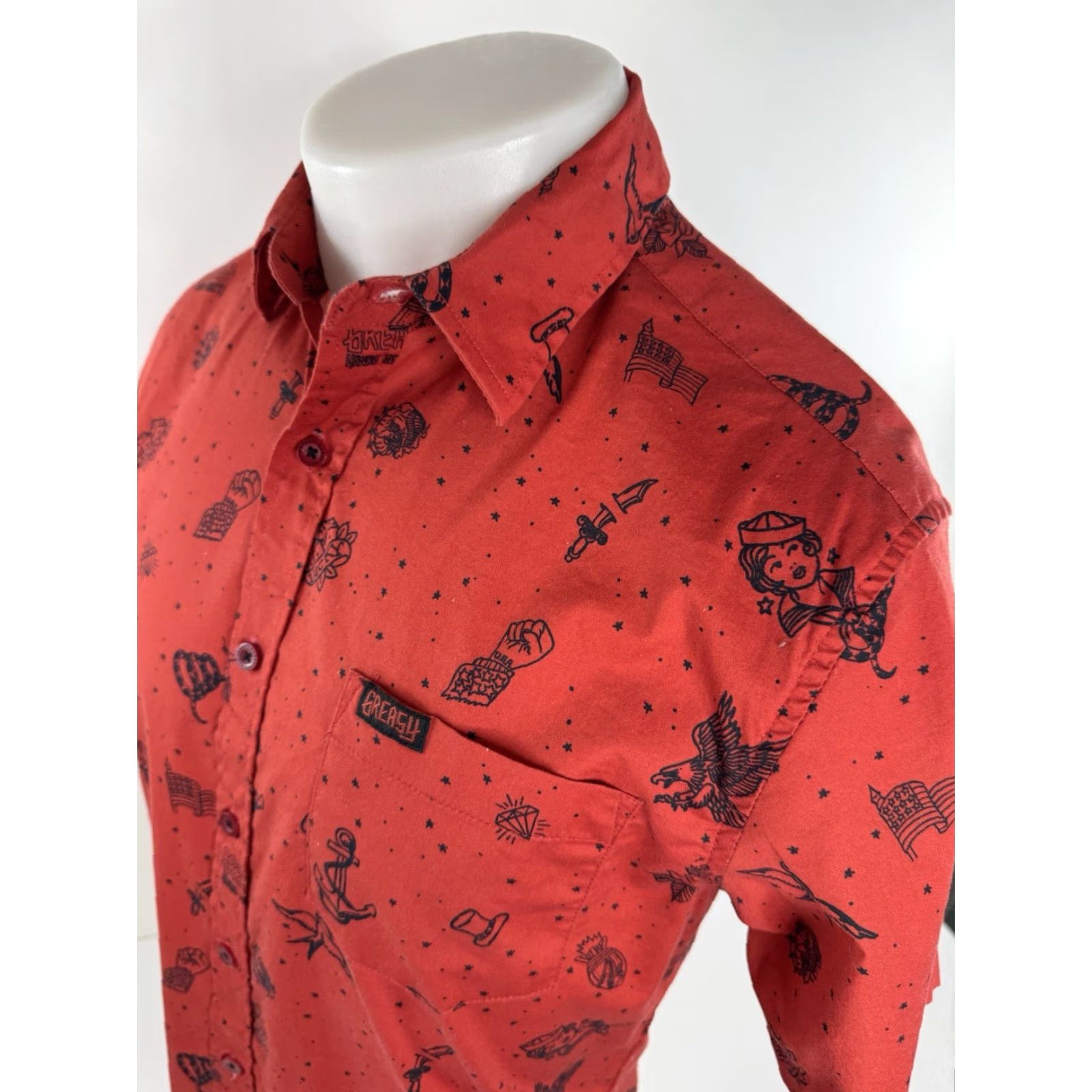 Vintage GREASY HANDS SOCIETY 1776 Tattoo Print Mens S Shirt Top Short Sleeve Red 90s Style DBT Size US S / EU 44-46 / 1 - 4 Thumbnail