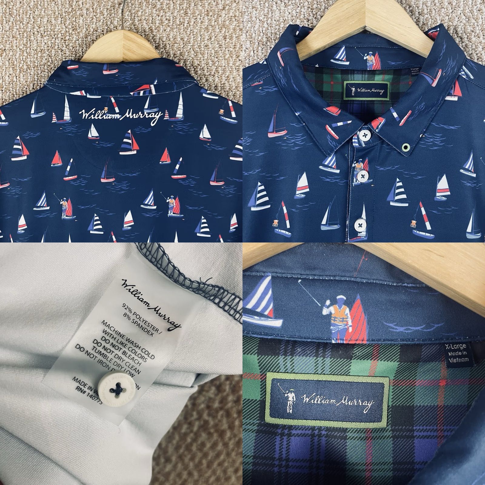Vintage William Murray Polo Shirt Mens XL Blue Sail Boat Nautical Print Performance T356 Size US XL / EU 56 / 4 - 8 Thumbnail