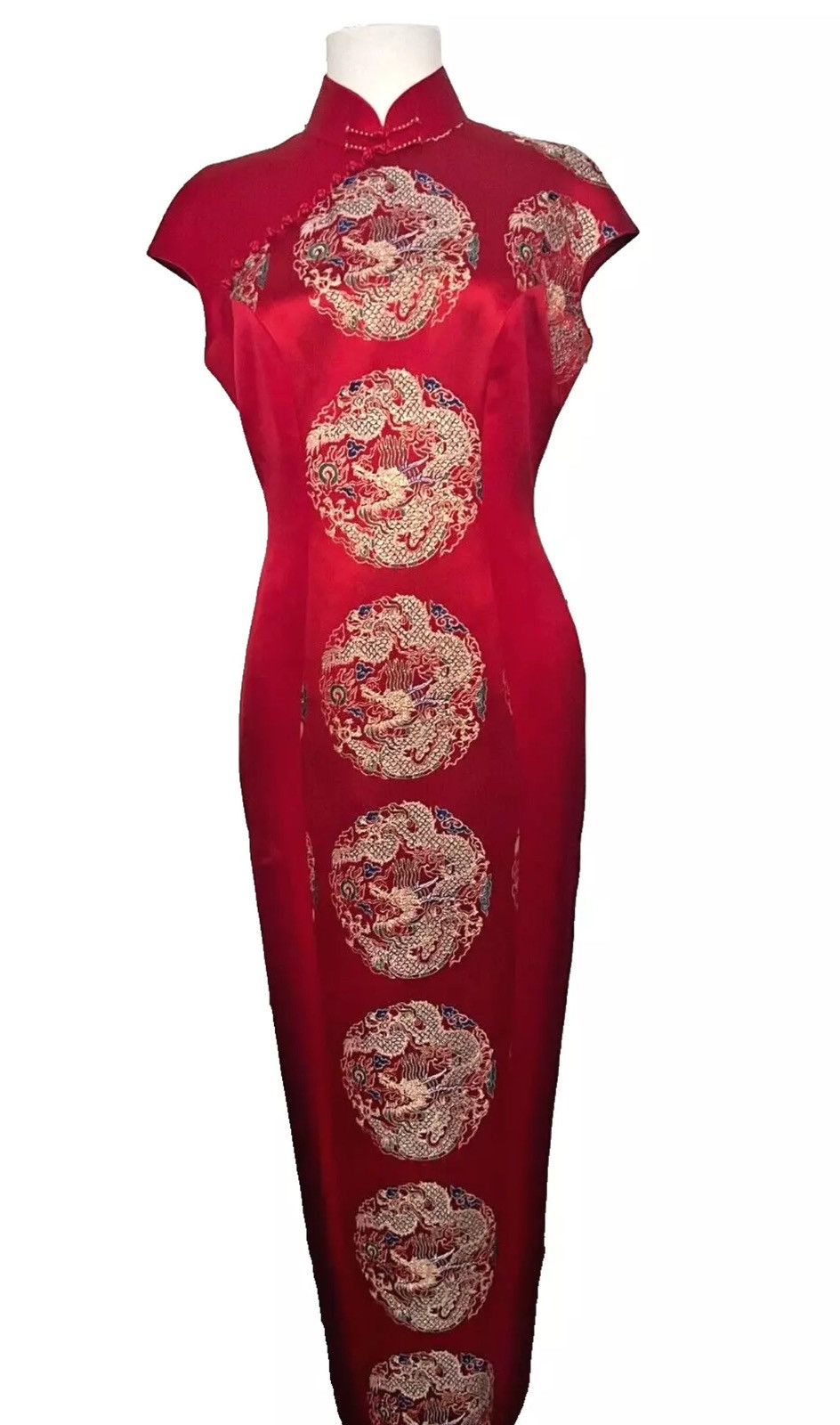 Other CUSTOM Womens China QIPAO/CHEONGSAM Long Red&Gold REAL SILK Size S / US 4 / IT 40 - 2 Thumbnail