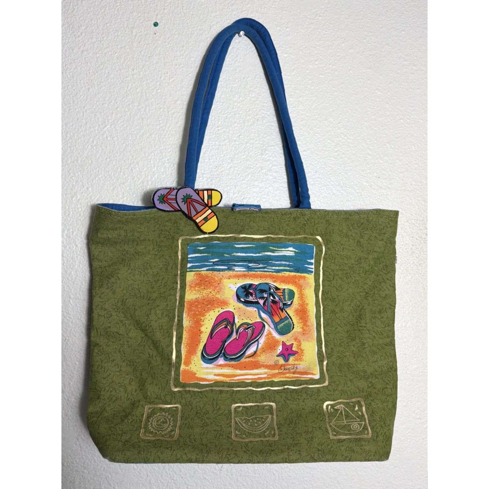 Annex Anne Ormsby Beach Scene Zip Beach Bag Tote Xtra Large Green Boho Size ONE SIZE - 2 Thumbnail